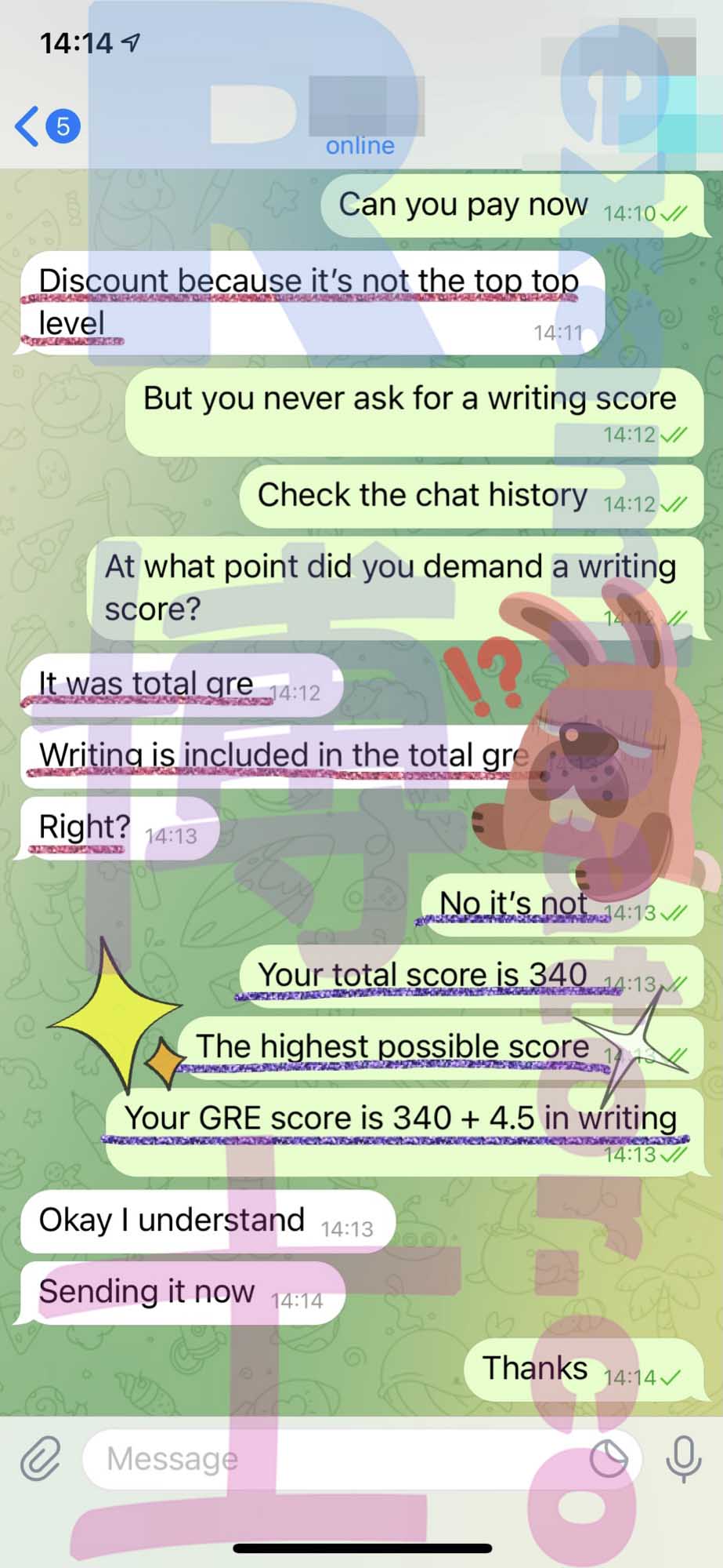 GRE代考保分成功案例#278的与客户对话截图