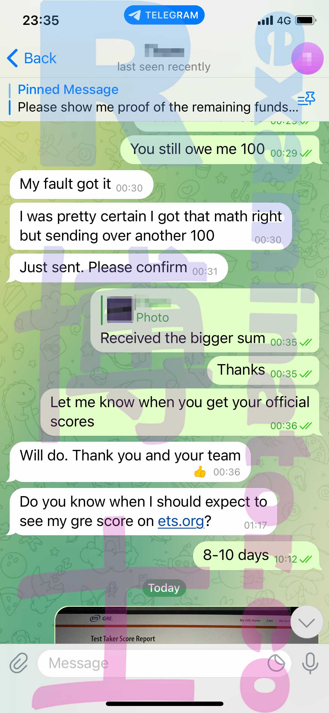GRE代考保分成功案例#361的与客户对话截图