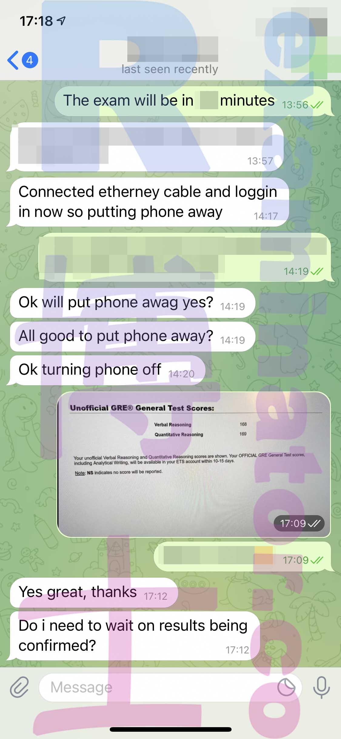GRE代考保分成功案例#260的与客户对话截图