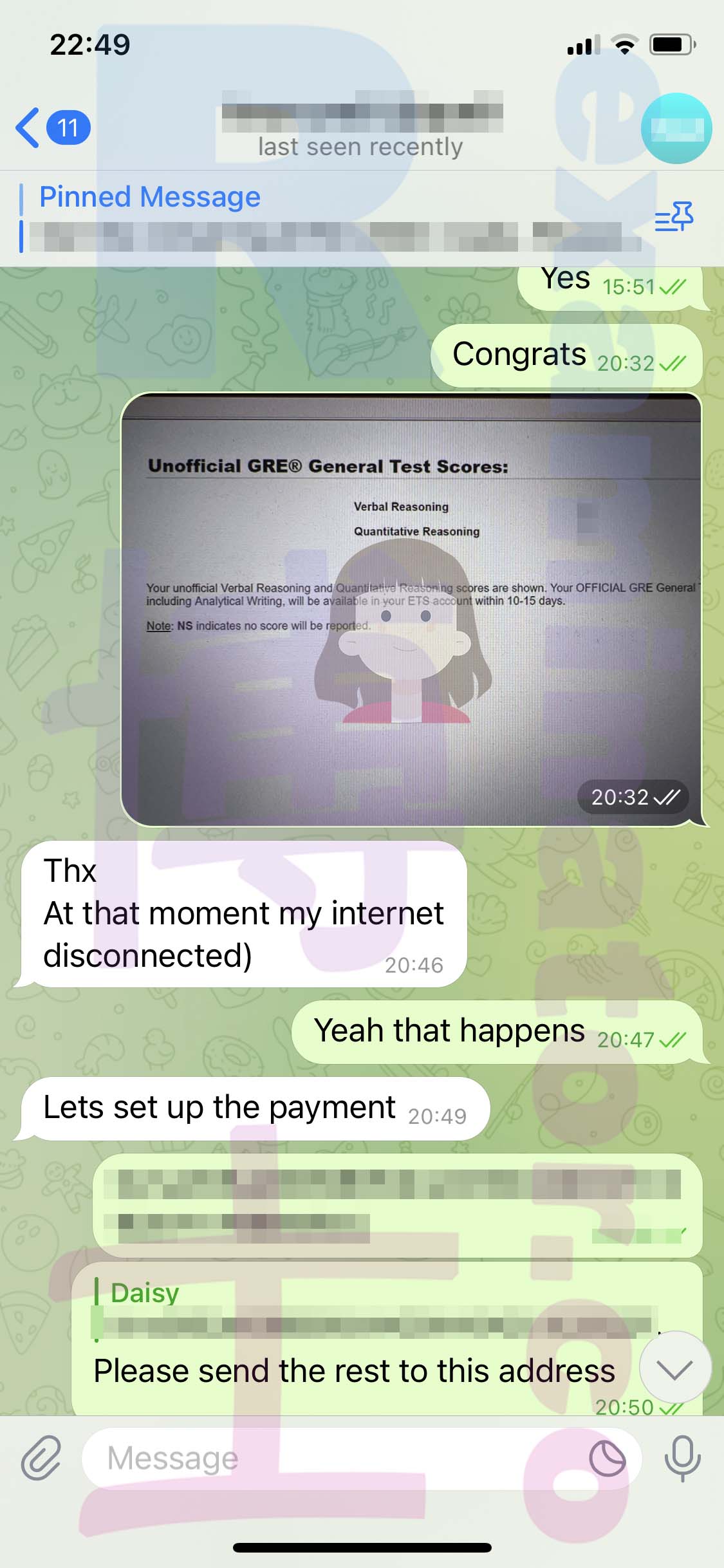 GRE代考保分成功案例#494的与客户对话截图