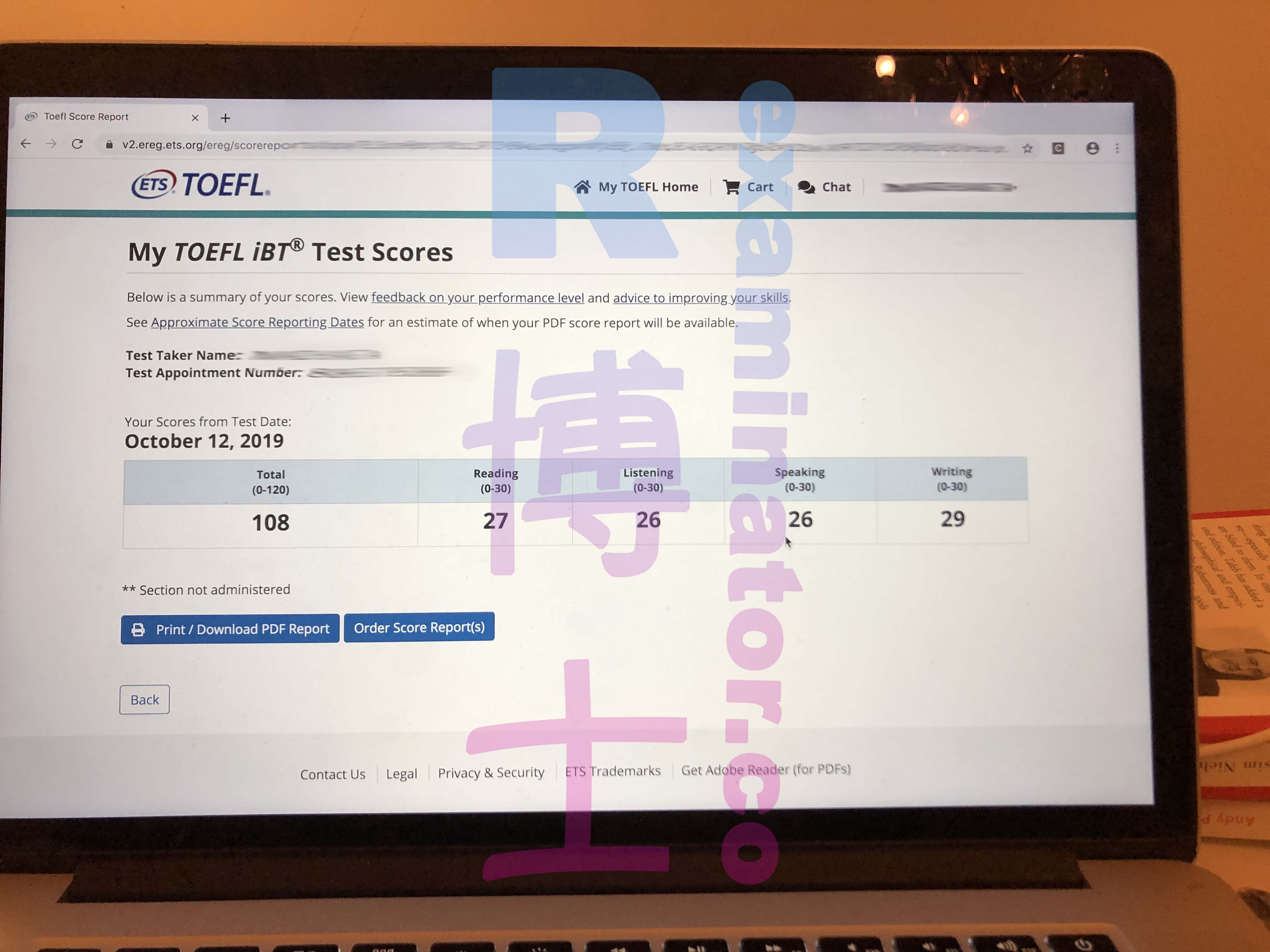 TOEFL proxy test score of 108 on 2019.10.12
