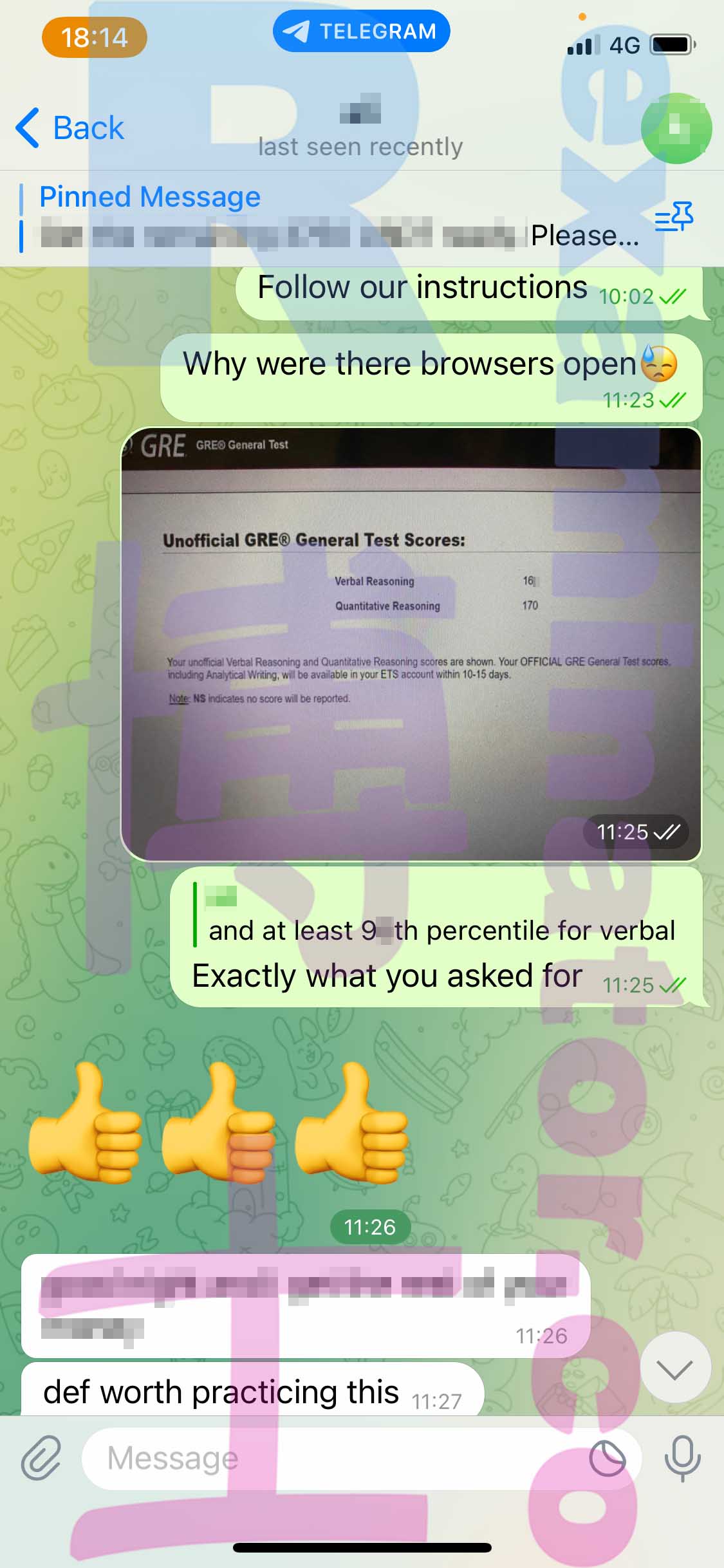 GRE代考保分成功案例#427的与客户对话截图