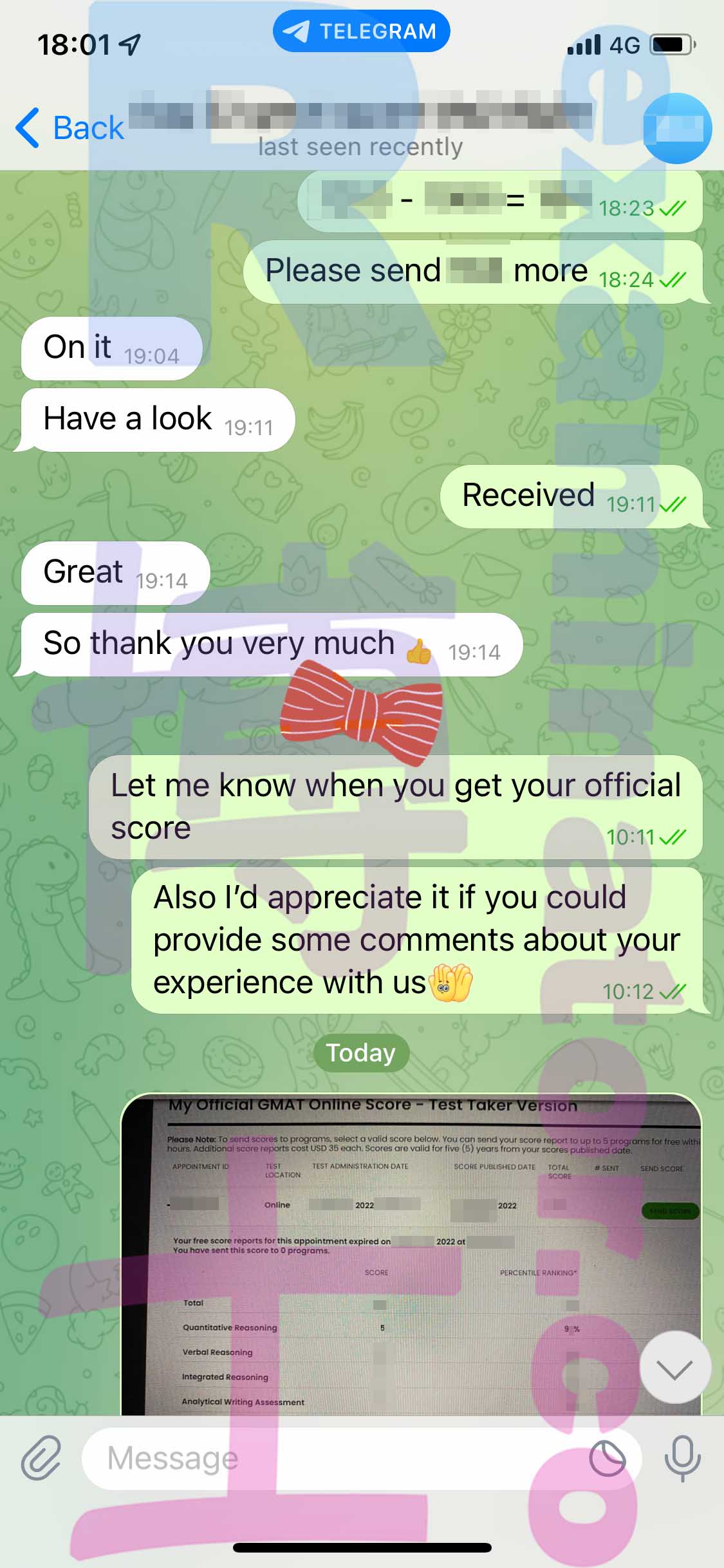 GMAT代考保分成功案例#376的与客户对话截图