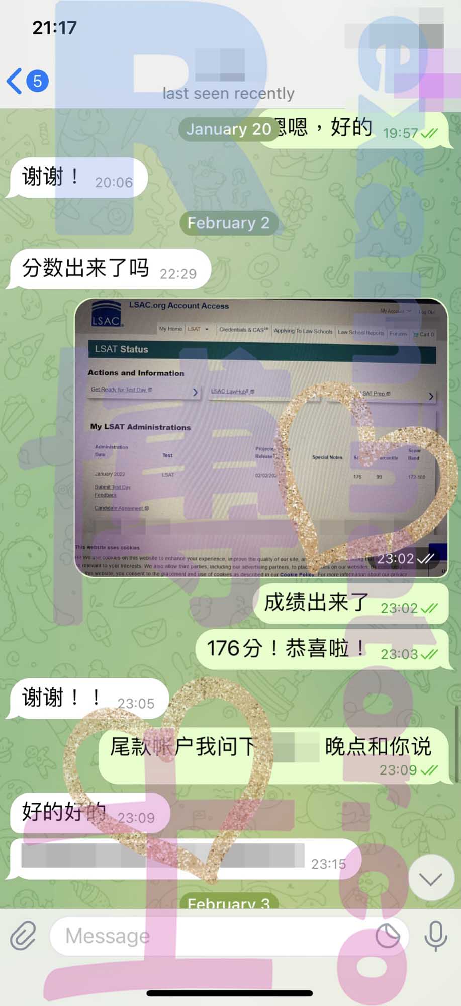 LSAT代考保分成功案例#270的与客户对话截图