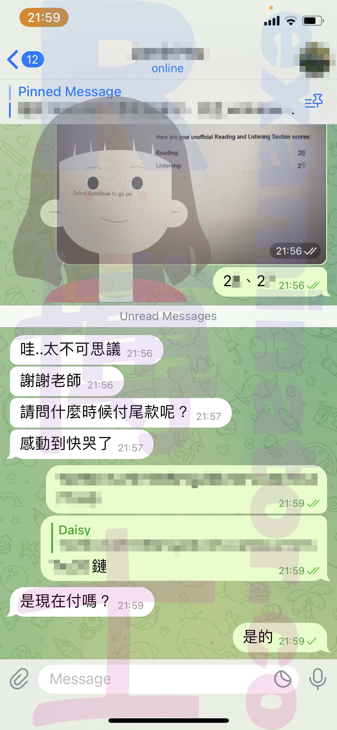 托福代考保分成功案例#506的与客户对话截图