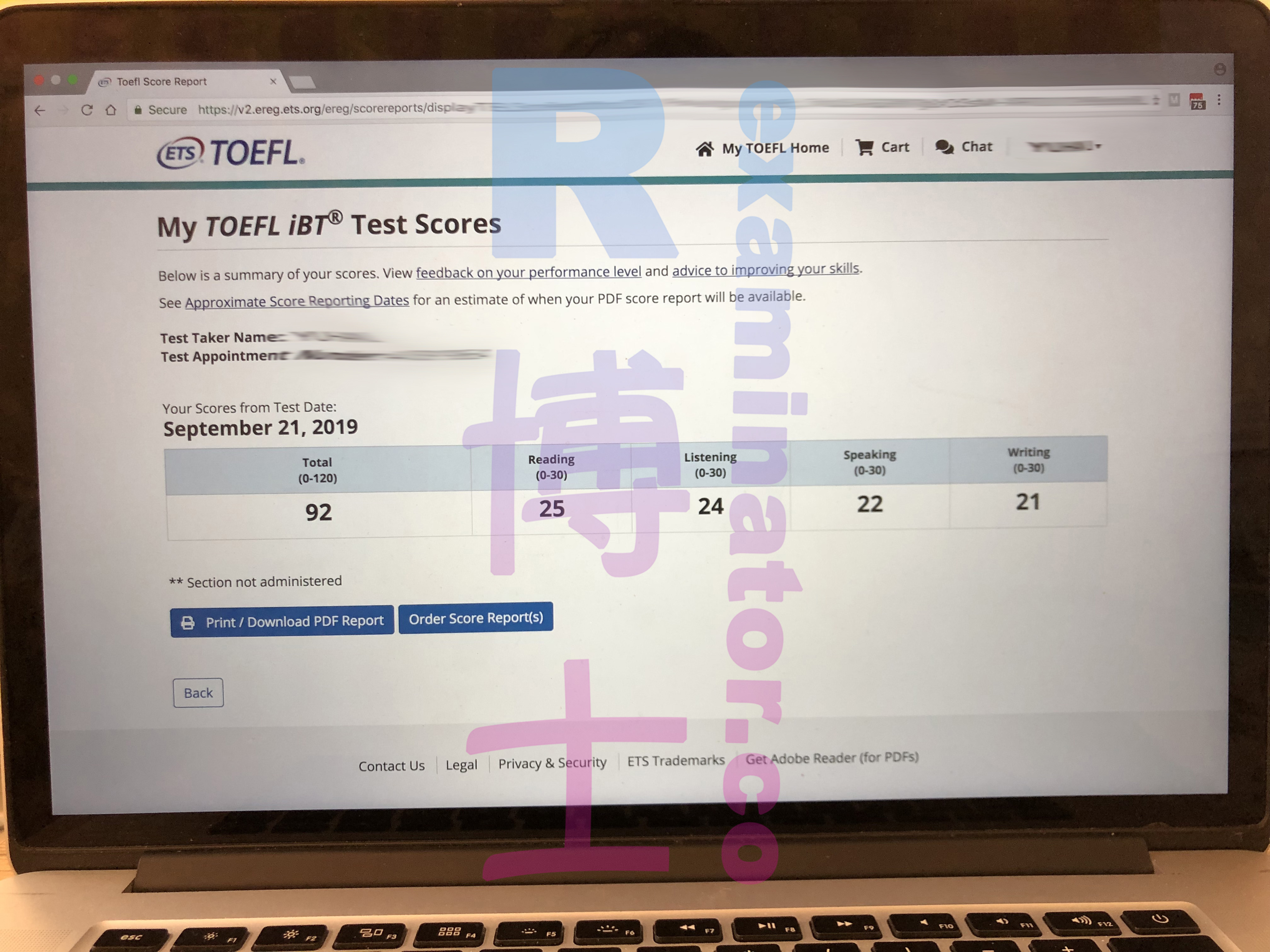 September 21, 2019 TOEFL exam taken on behalf, score: 92.
