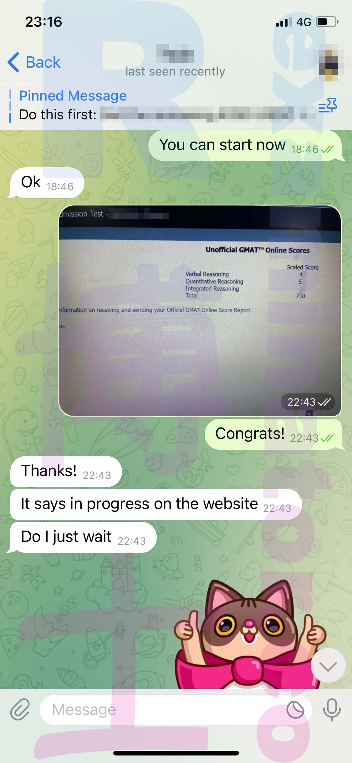 GMAT代考保分成功案例#531的与客户对话截图