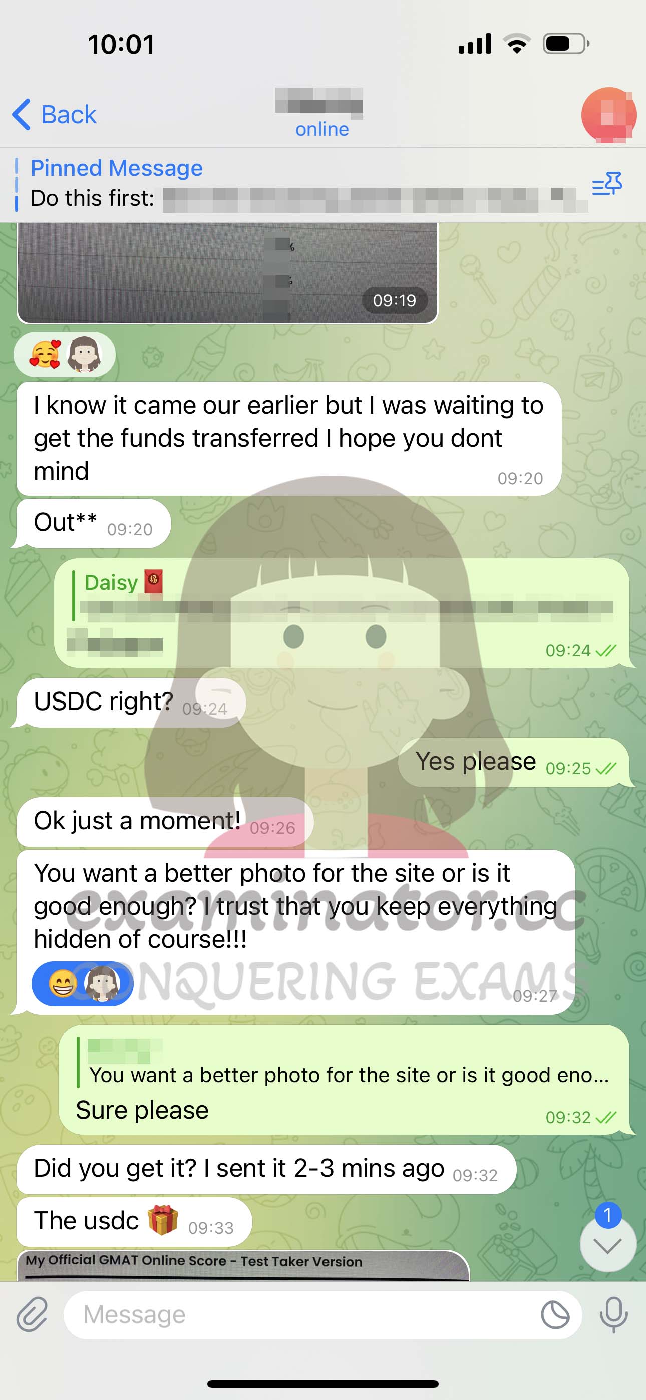 GMAT代考保分成功案例#582的与客户对话截图