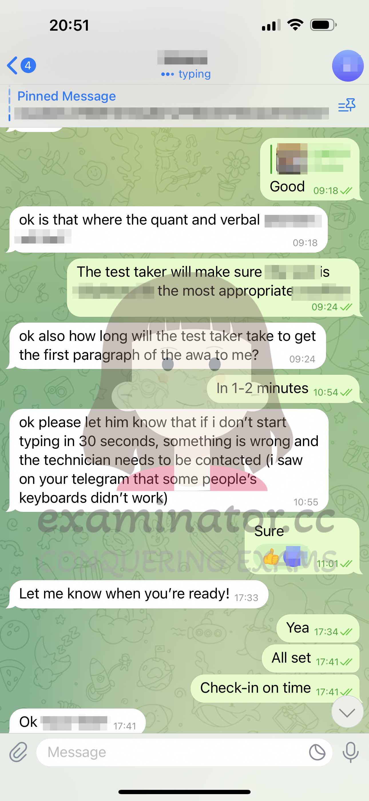GRE代考保分成功案例#611的与客户对话截图