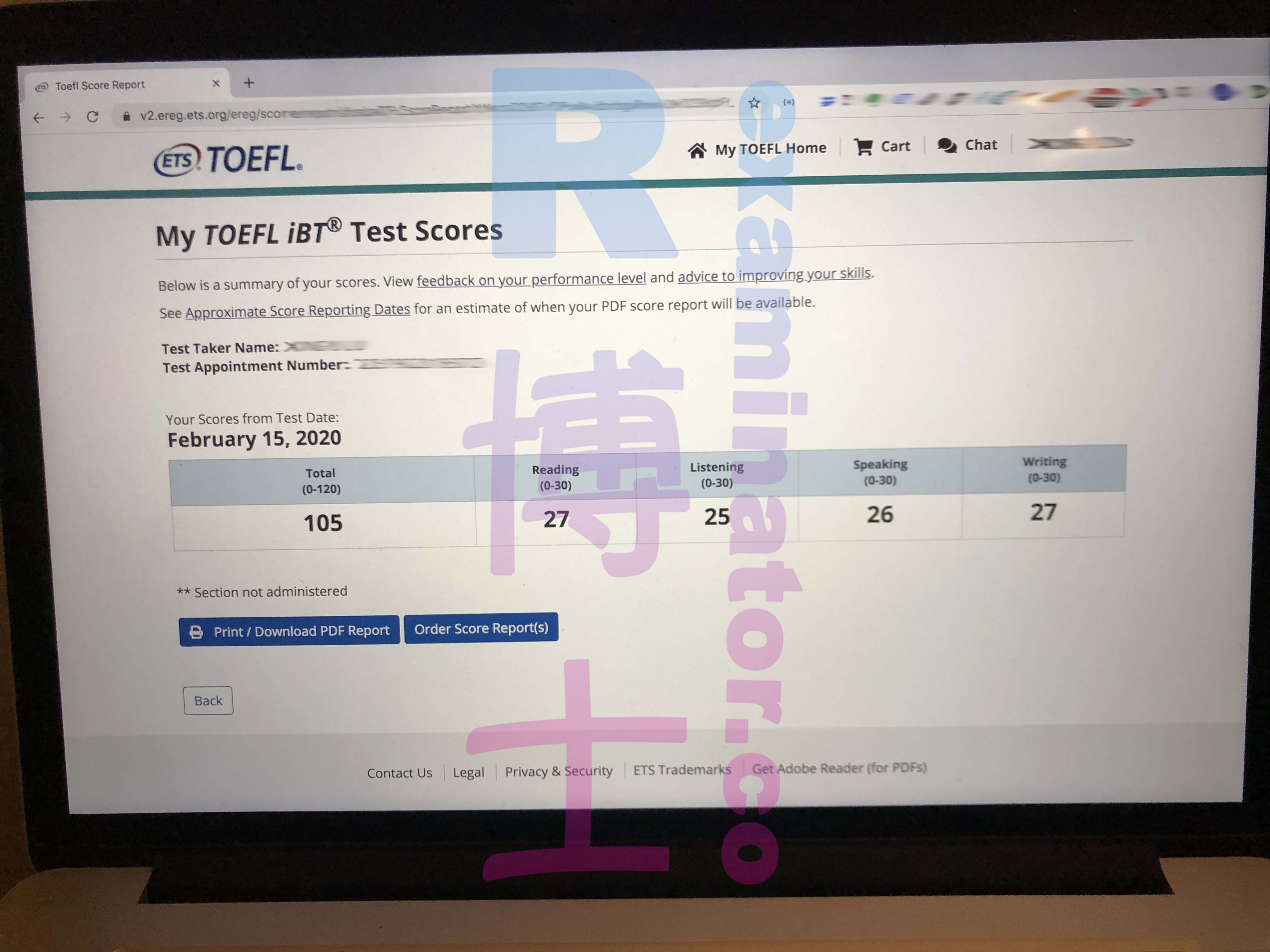 Toefl exam with a substitute, score 105, on February 15, 2020.
