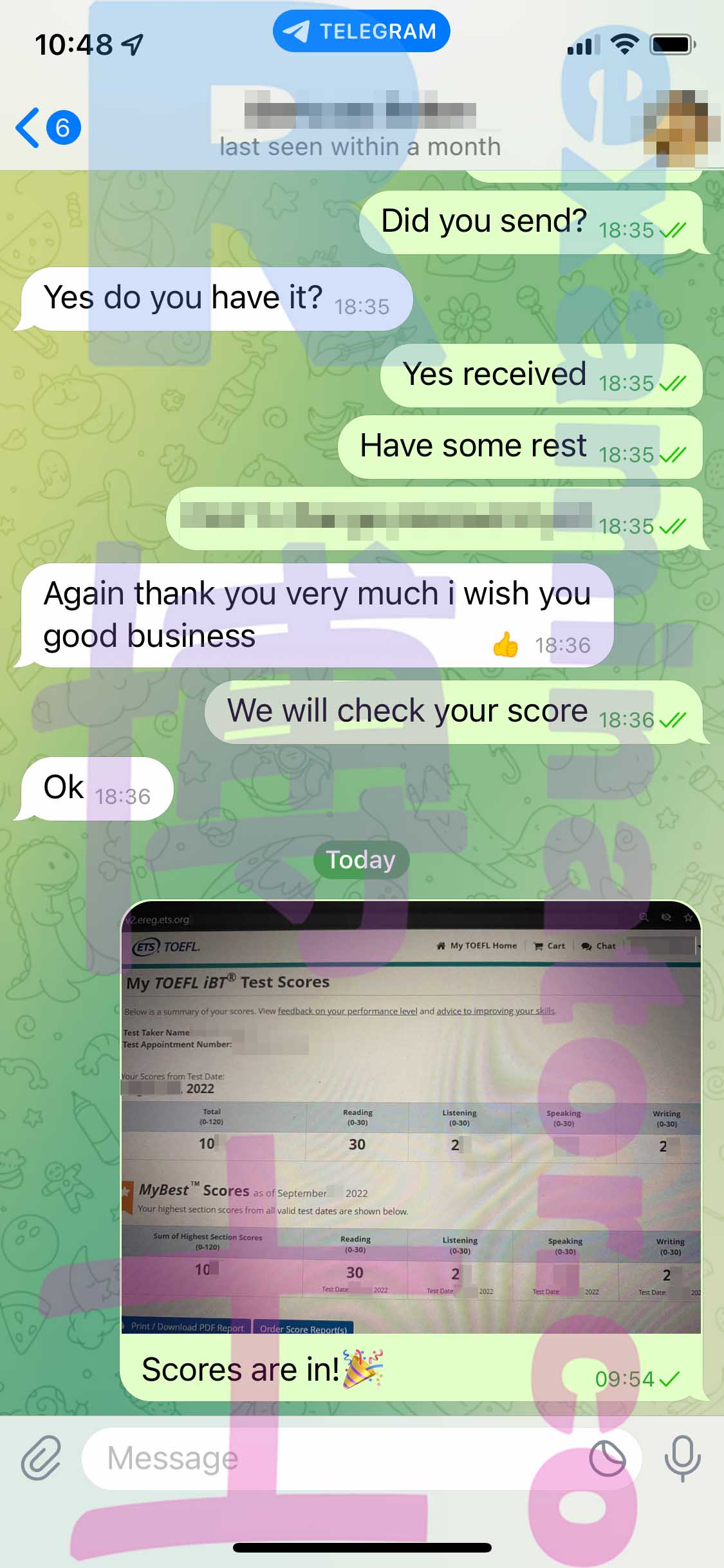 托福代考保分成功案例#387的与客户对话截图