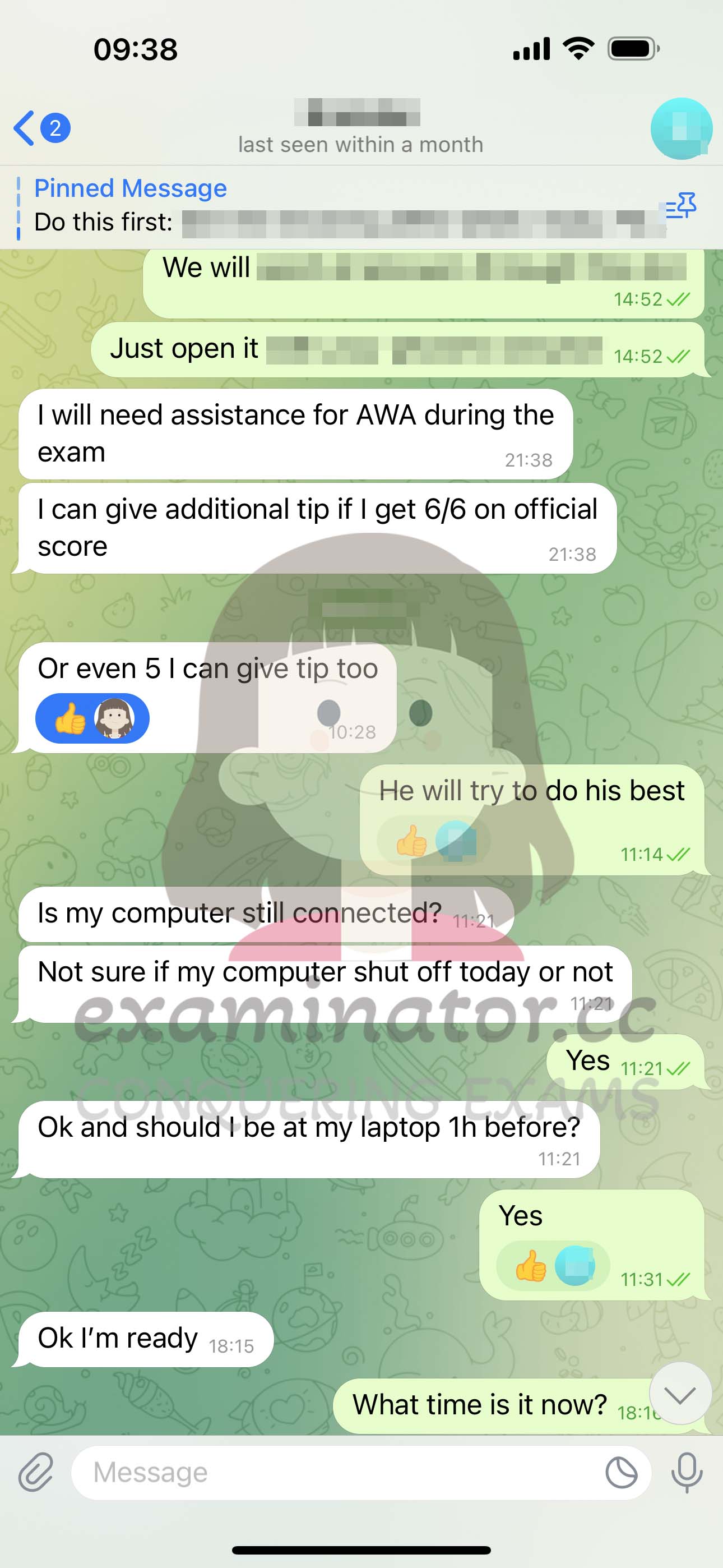 GRE代考保分成功案例#586的与客户对话截图