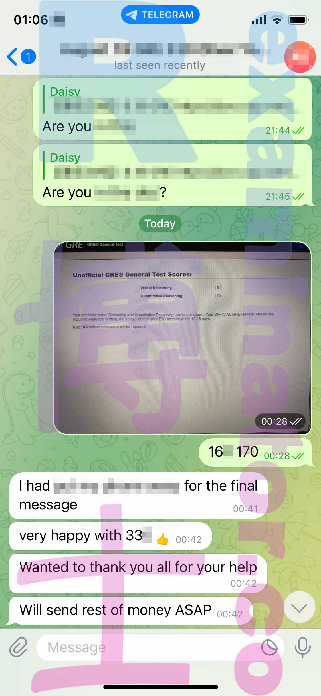 GRE代考保分成功案例#379的与客户对话截图