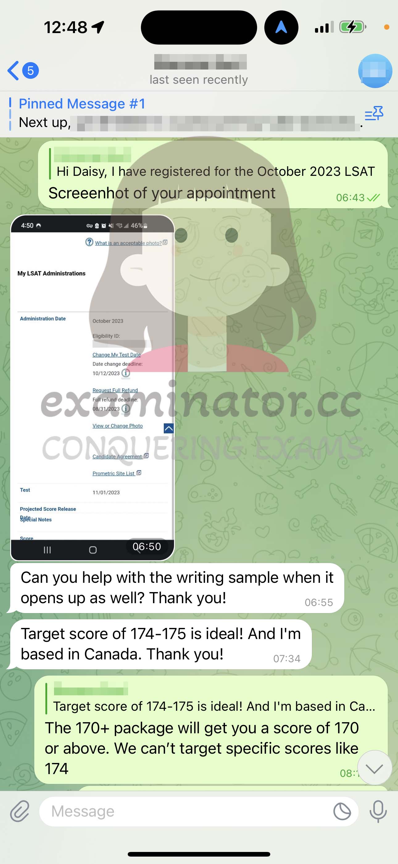 LSAT代考保分成功案例#592的与客户对话截图