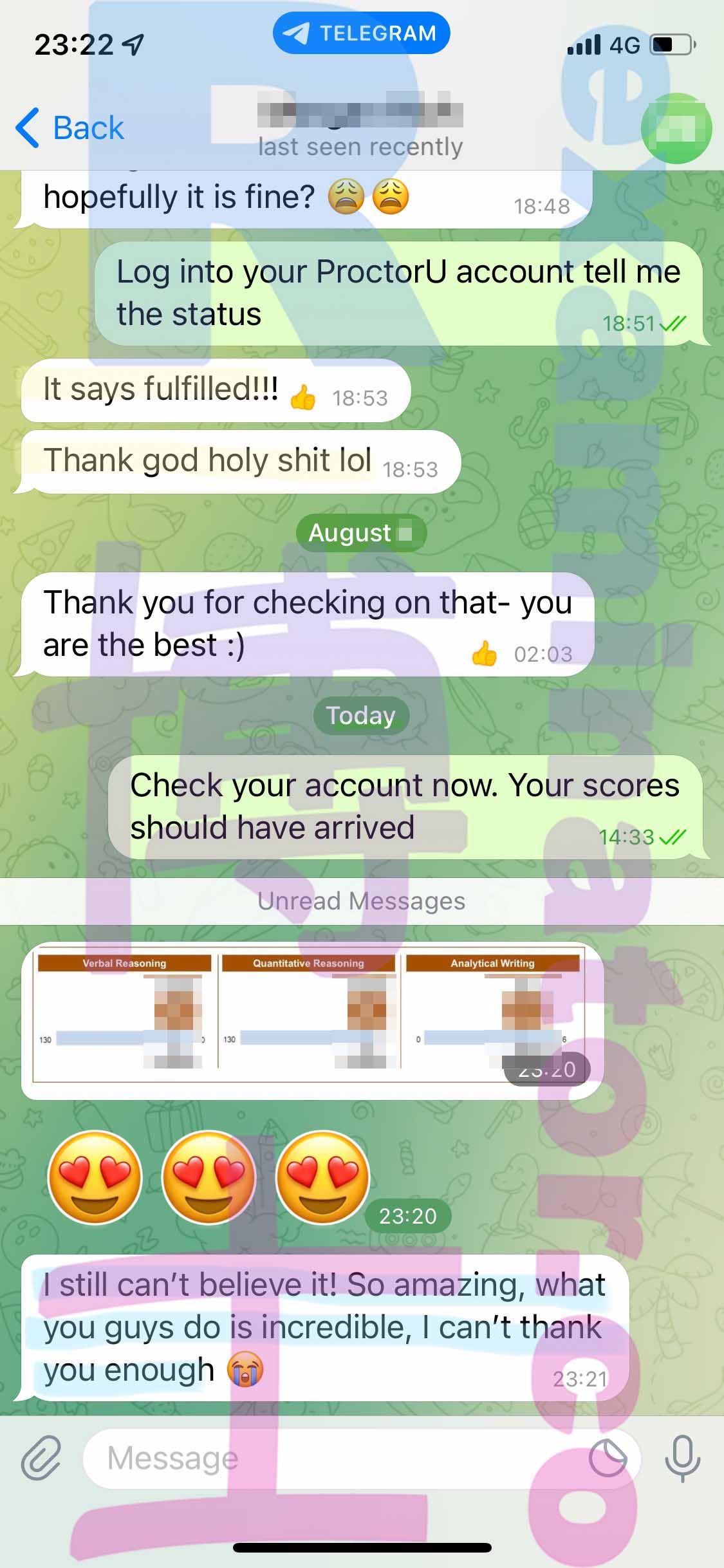GRE代考保分成功案例#364的与客户对话截图