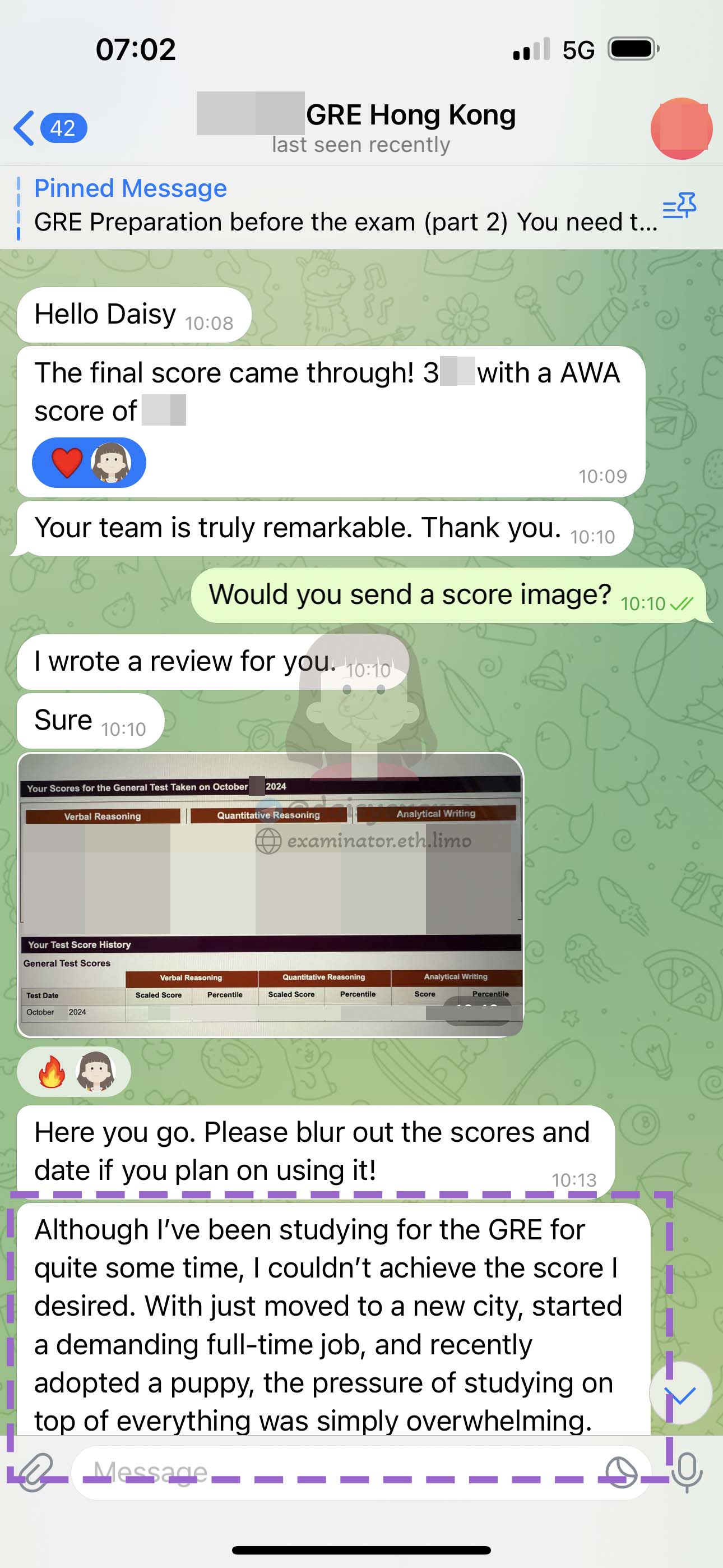 GRE作弊 香港客戶收到GRE官方成績後同小狗一齊寫客戶評價