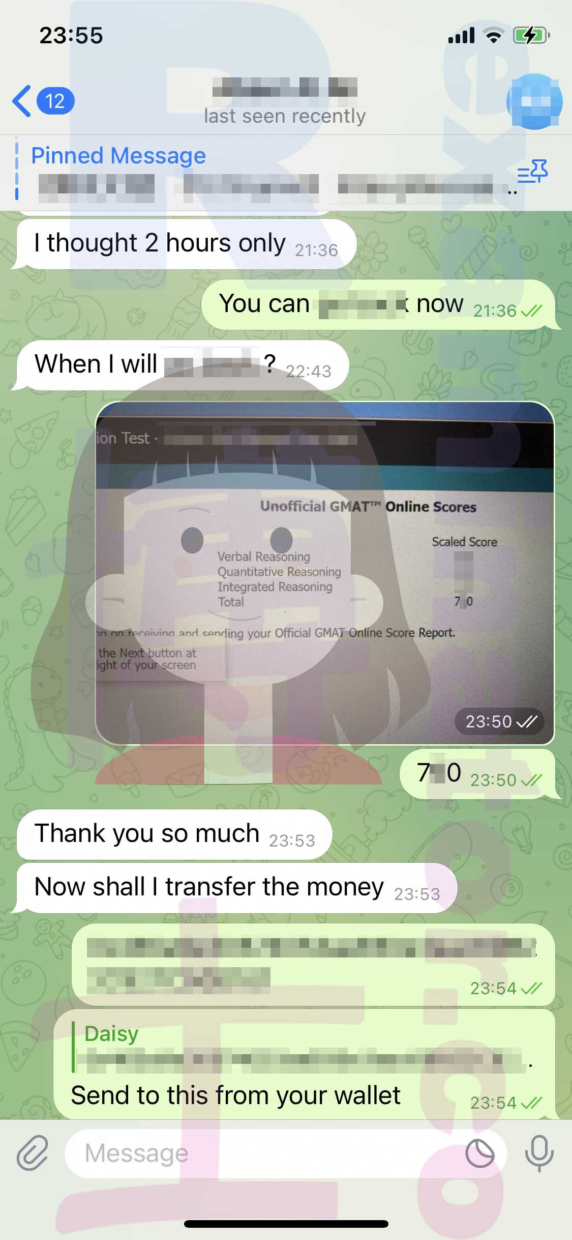 GMAT代考保分成功案例#491的与客户对话截图