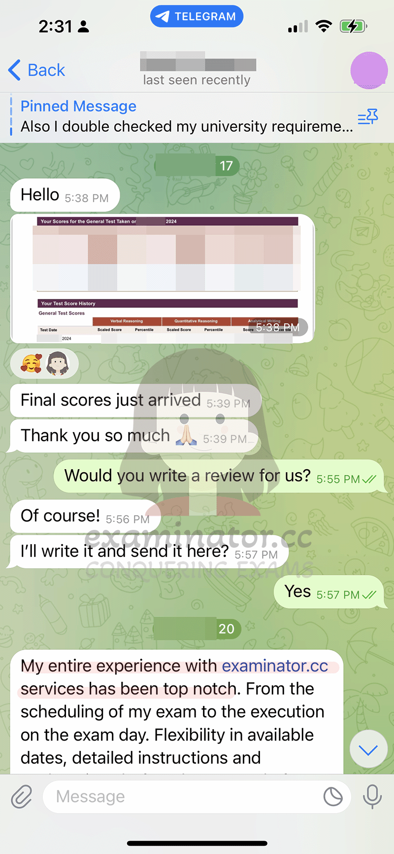 GRE代考保分成功案例#660的与客户对话截图