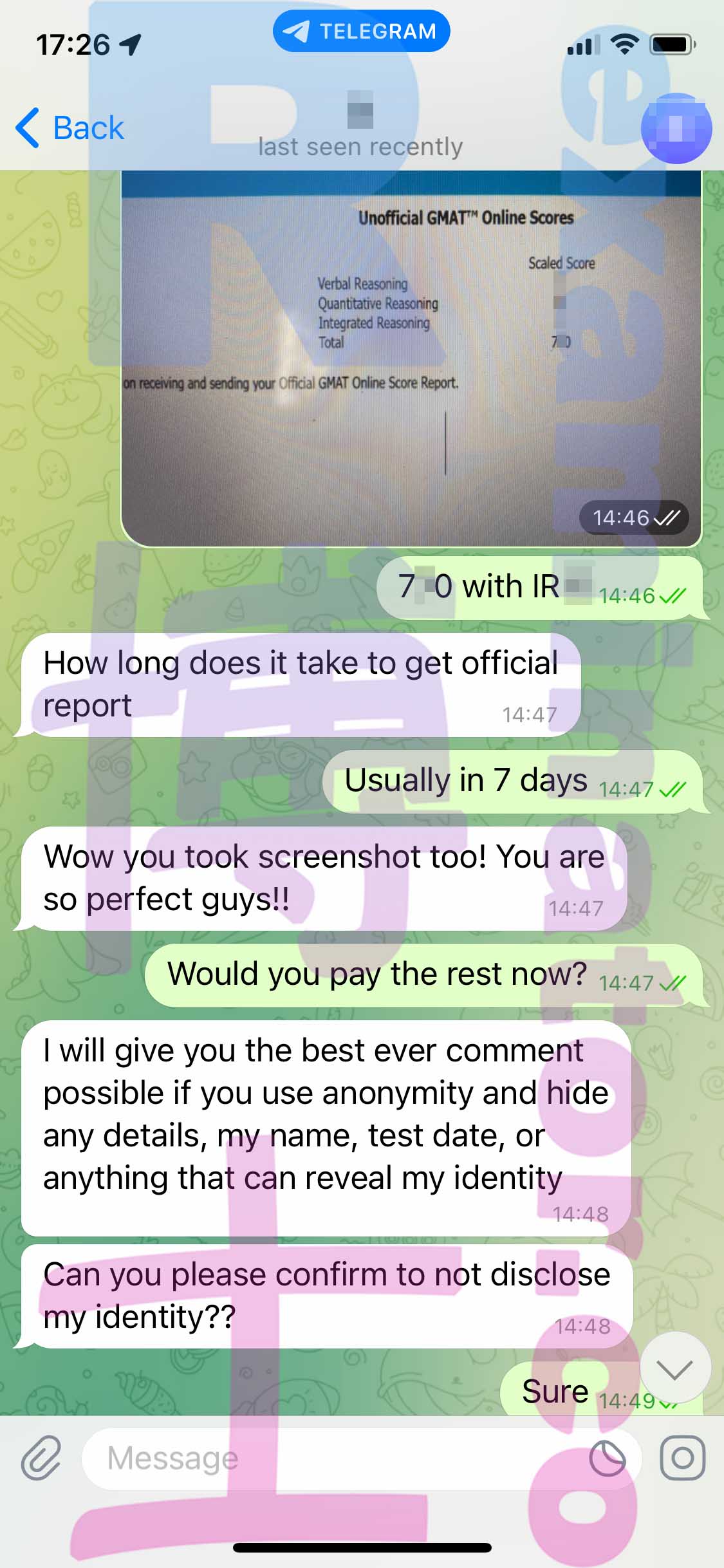 GMAT代考保分成功案例#397的与客户对话截图