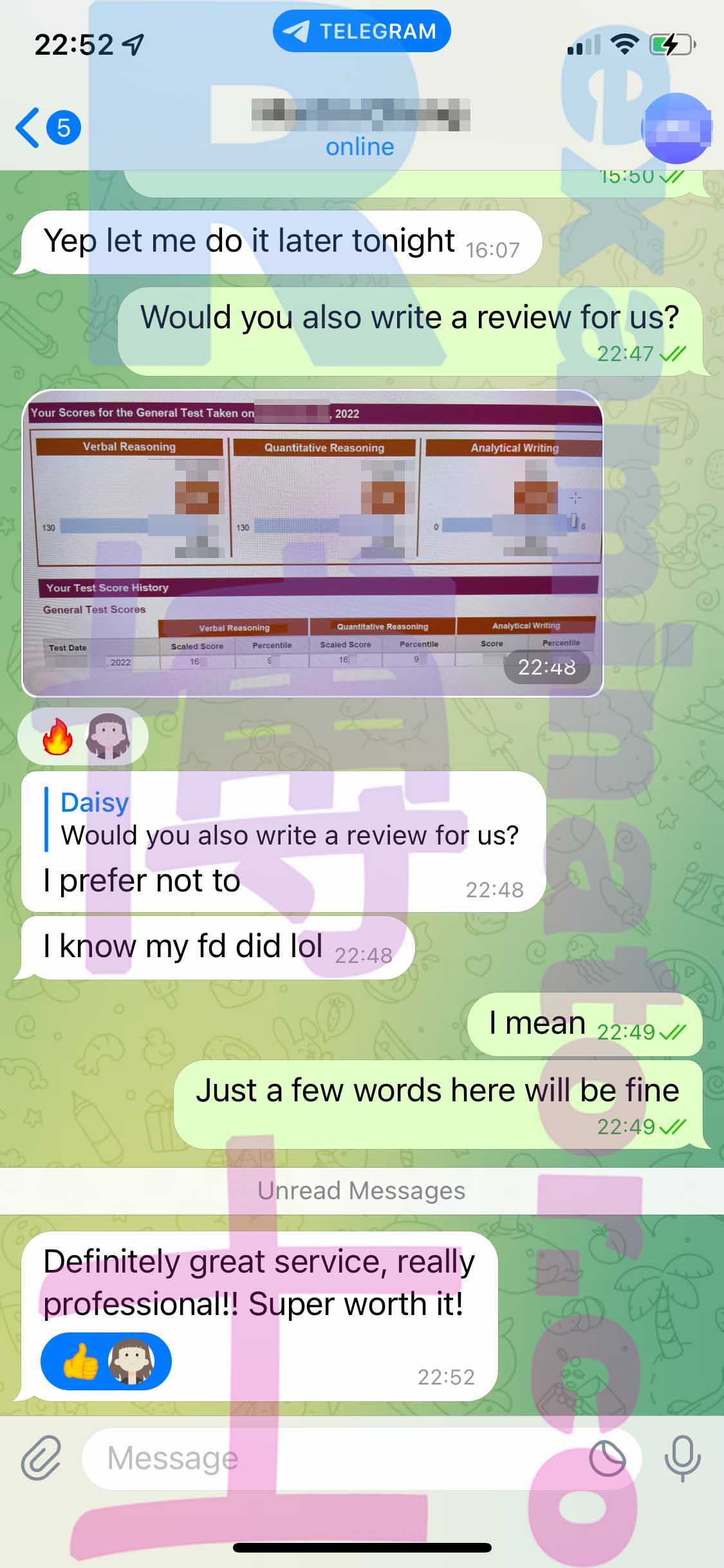 GRE代考保分成功案例#420的与客户对话截图