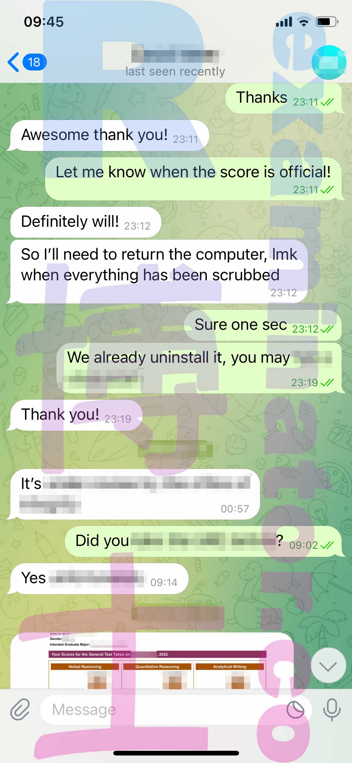 GRE代考保分成功案例#440的与客户对话截图