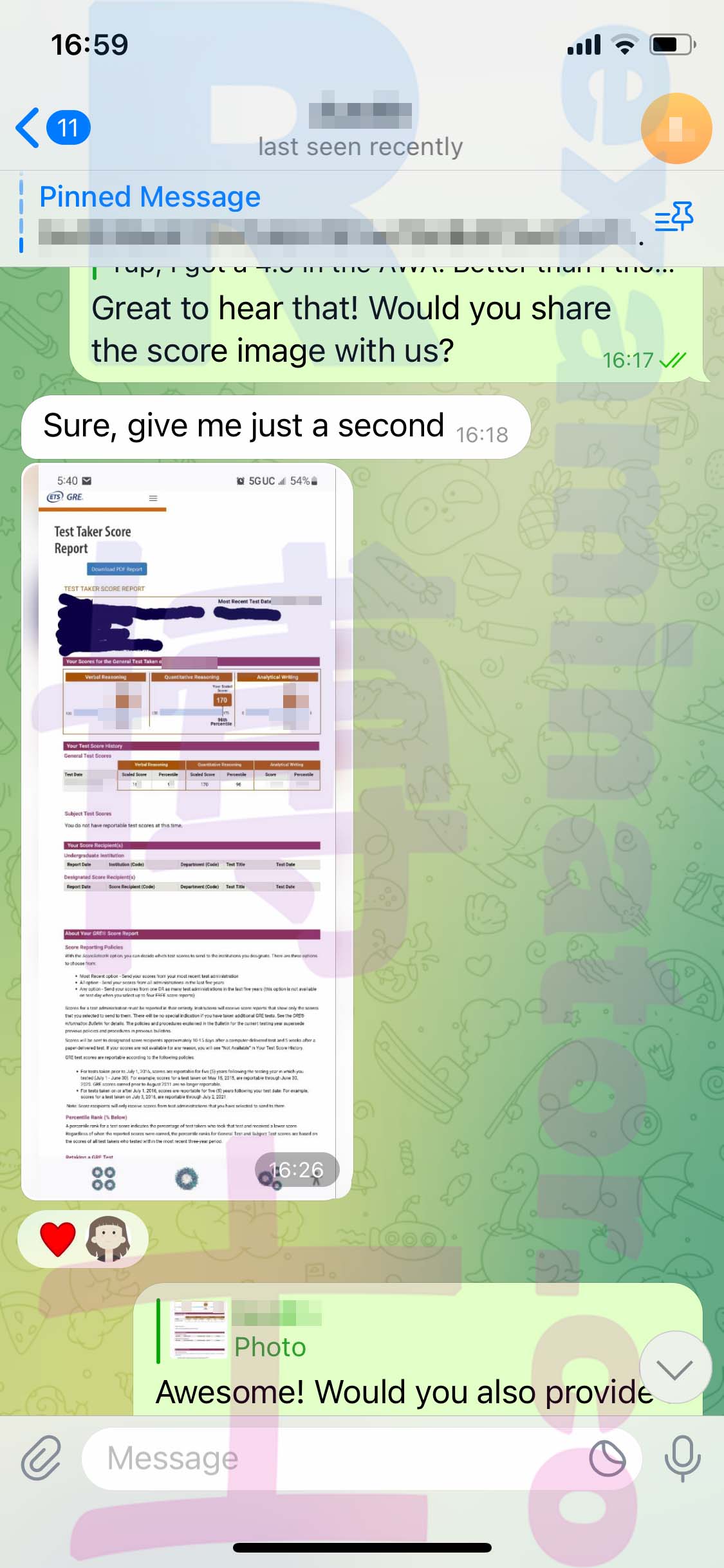GRE代考保分成功案例#512的与客户对话截图