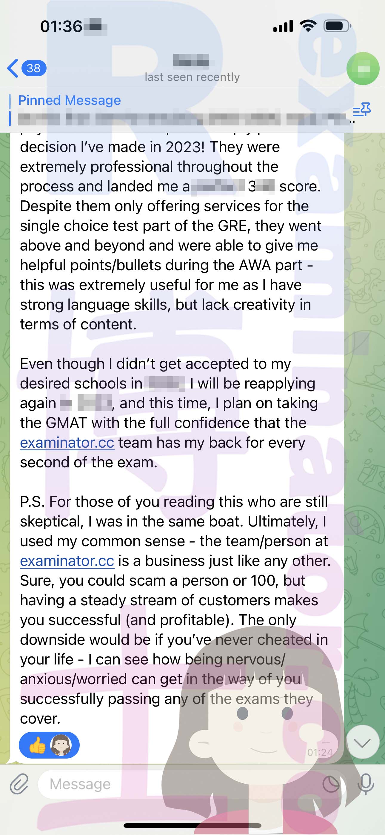 GRE代考保分成功案例#539的与客户对话截图