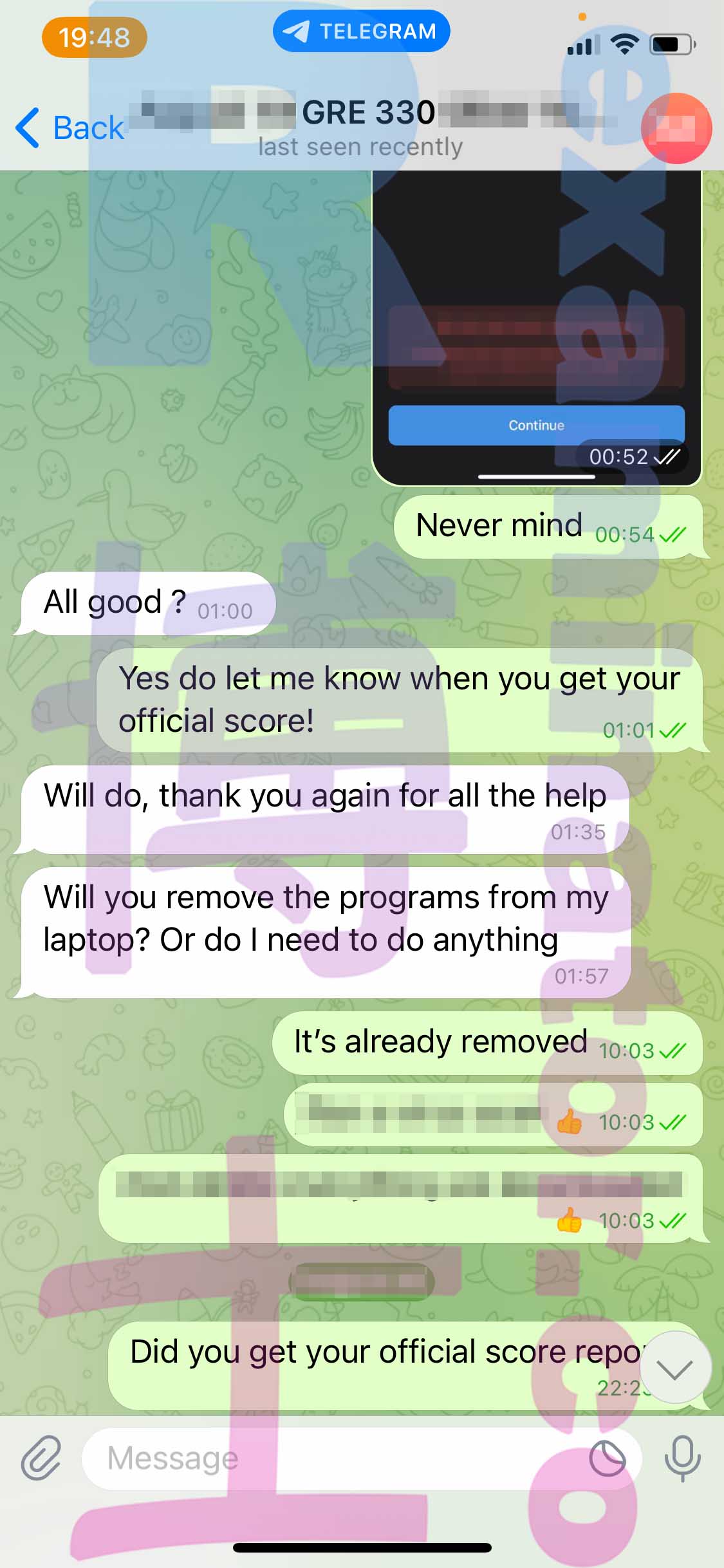 GRE代考保分成功案例#383的与客户对话截图