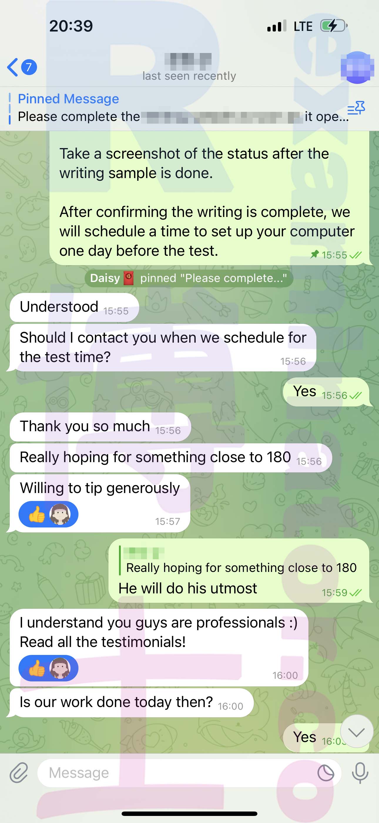 LSAT代考保分成功案例#549的与客户对话截图