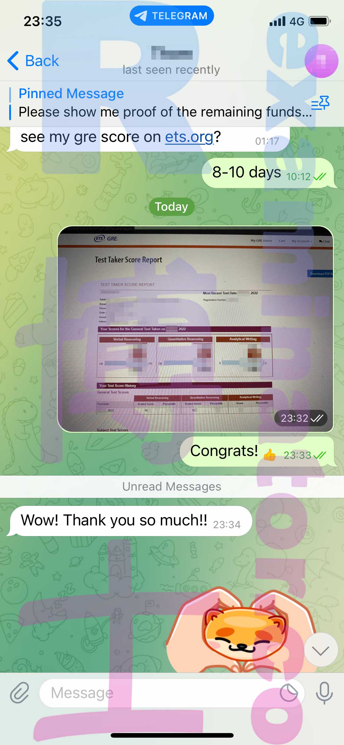 GRE代考保分成功案例#361的与客户对话截图