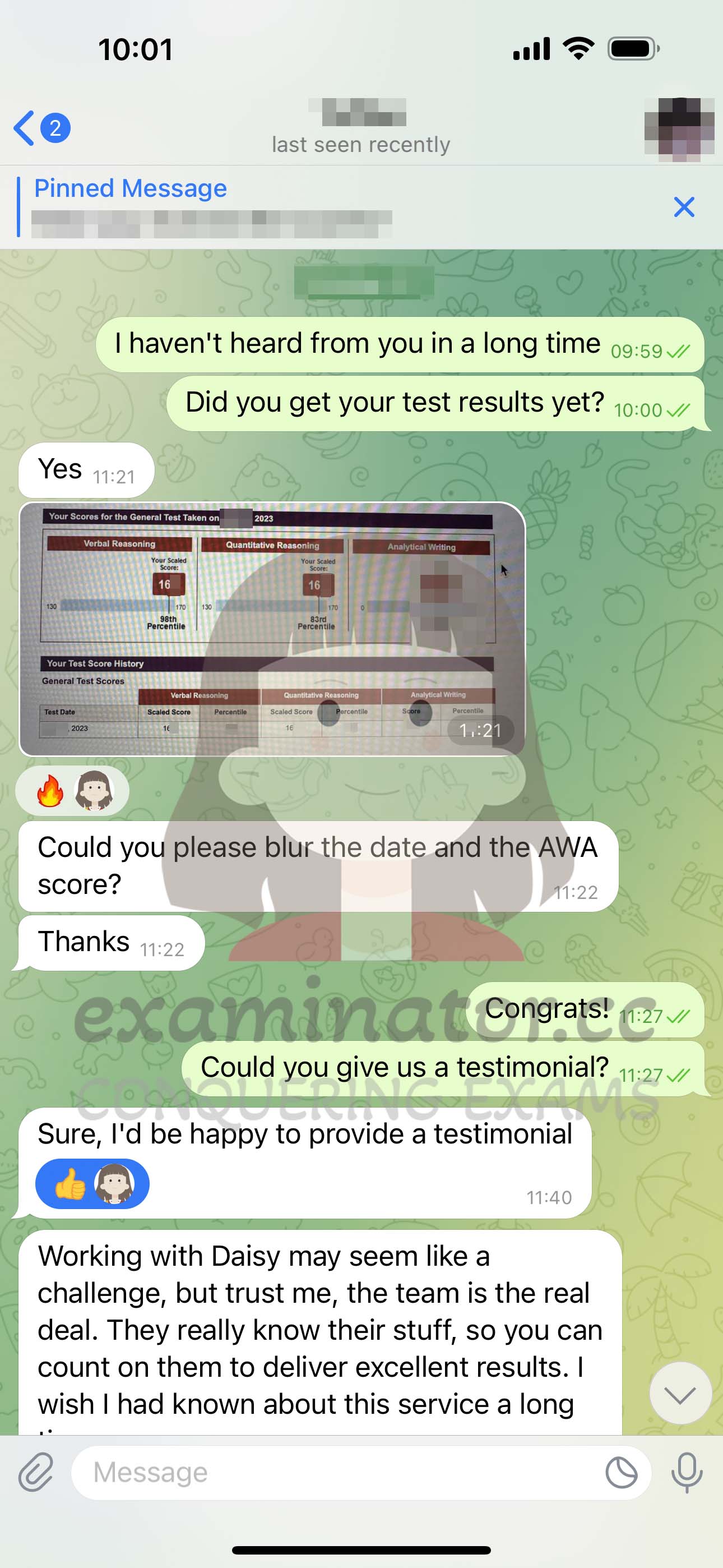 GRE代考保分成功案例#588的与客户对话截图