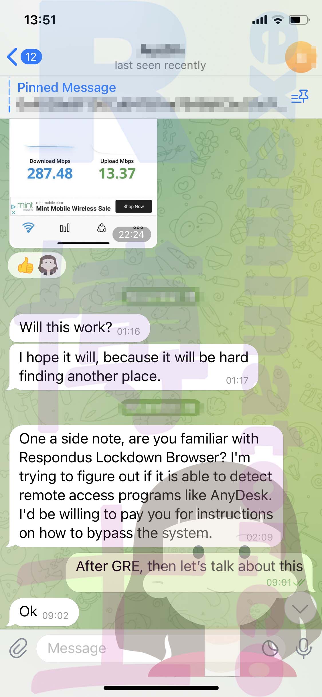 GRE代考保分成功案例#505的与客户对话截图