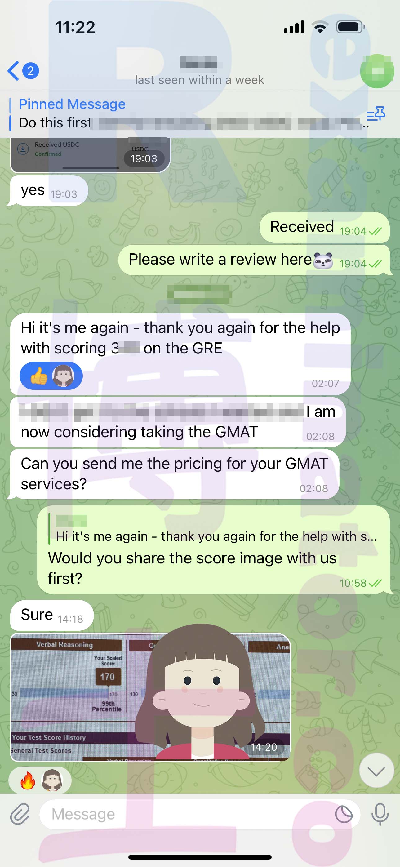 GRE代考保分成功案例#537的与客户对话截图