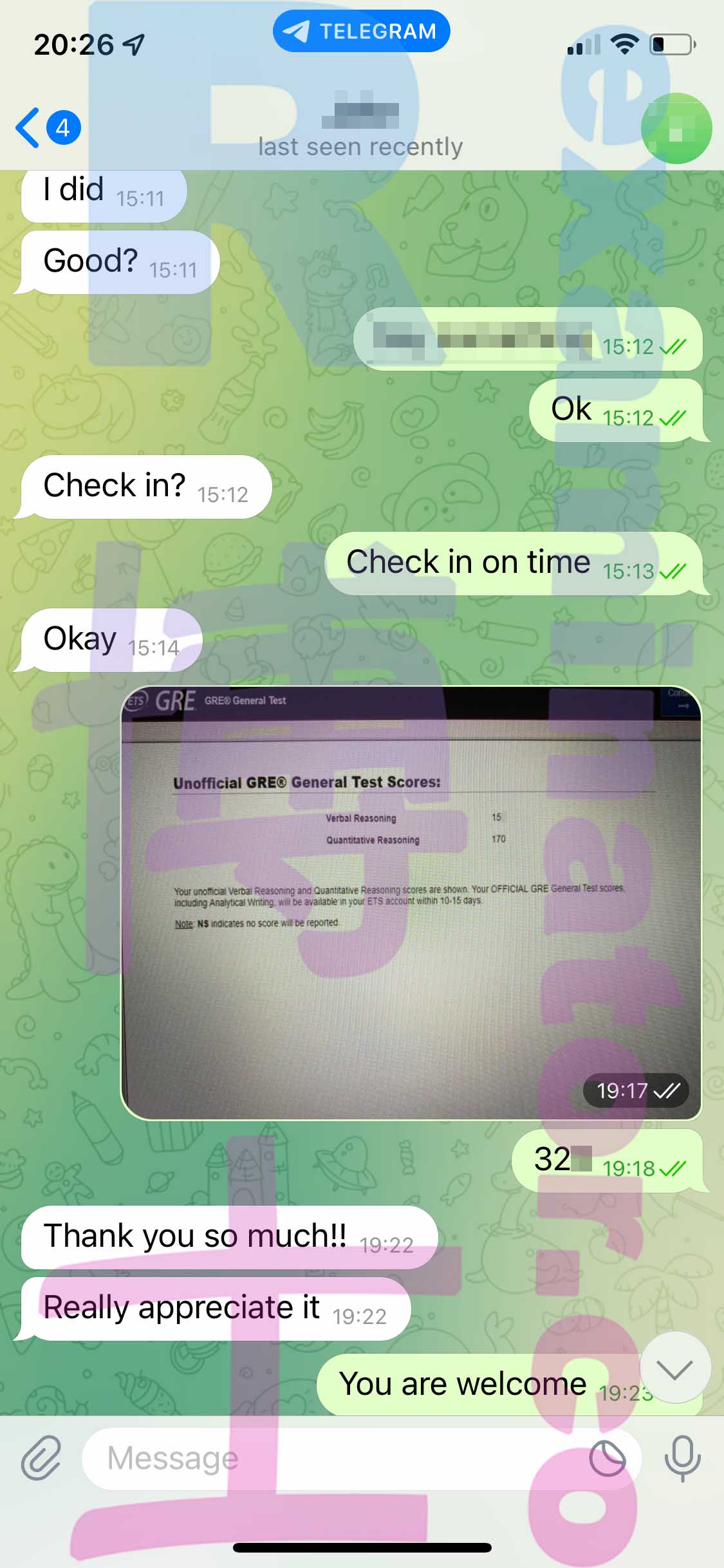 GRE代考保分成功案例#391的与客户对话截图