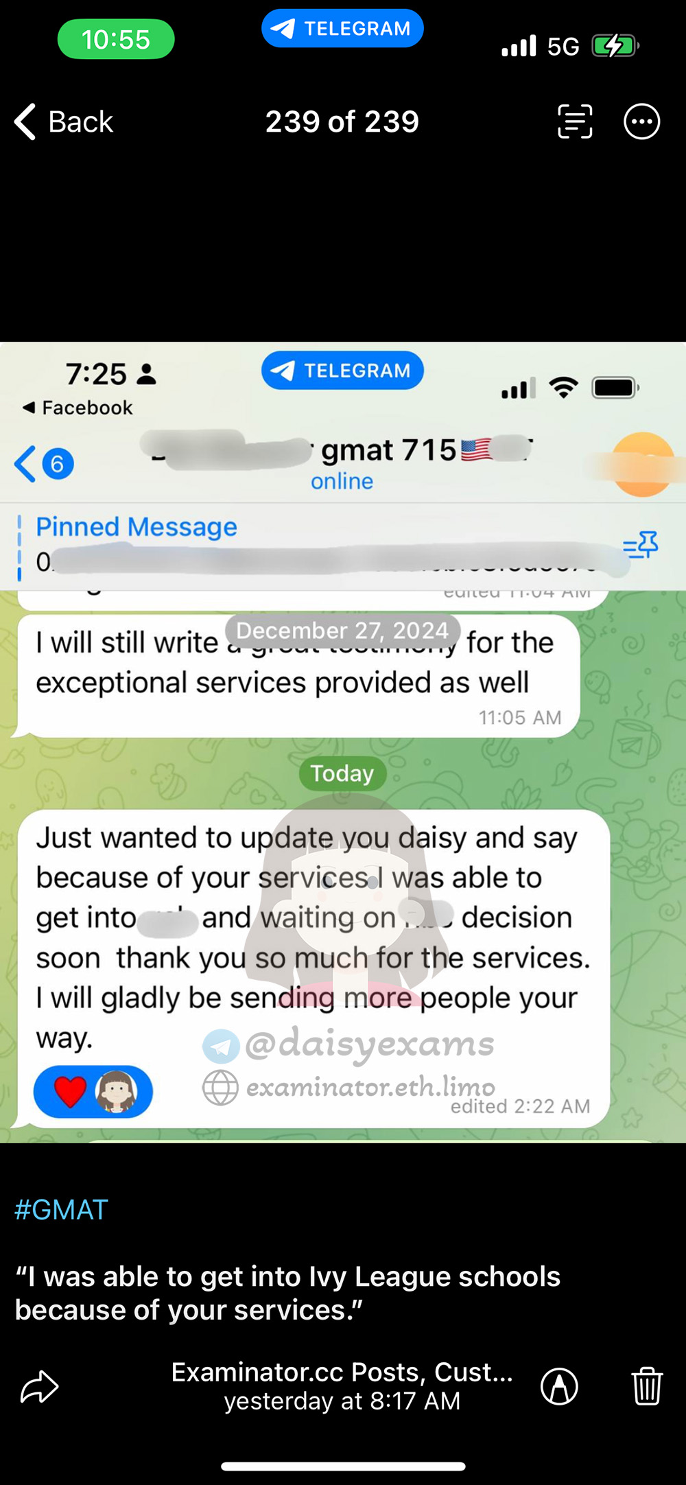 “多亏了你们的 GMAT代考服务,我才能顺利进入常春藤盟校。”