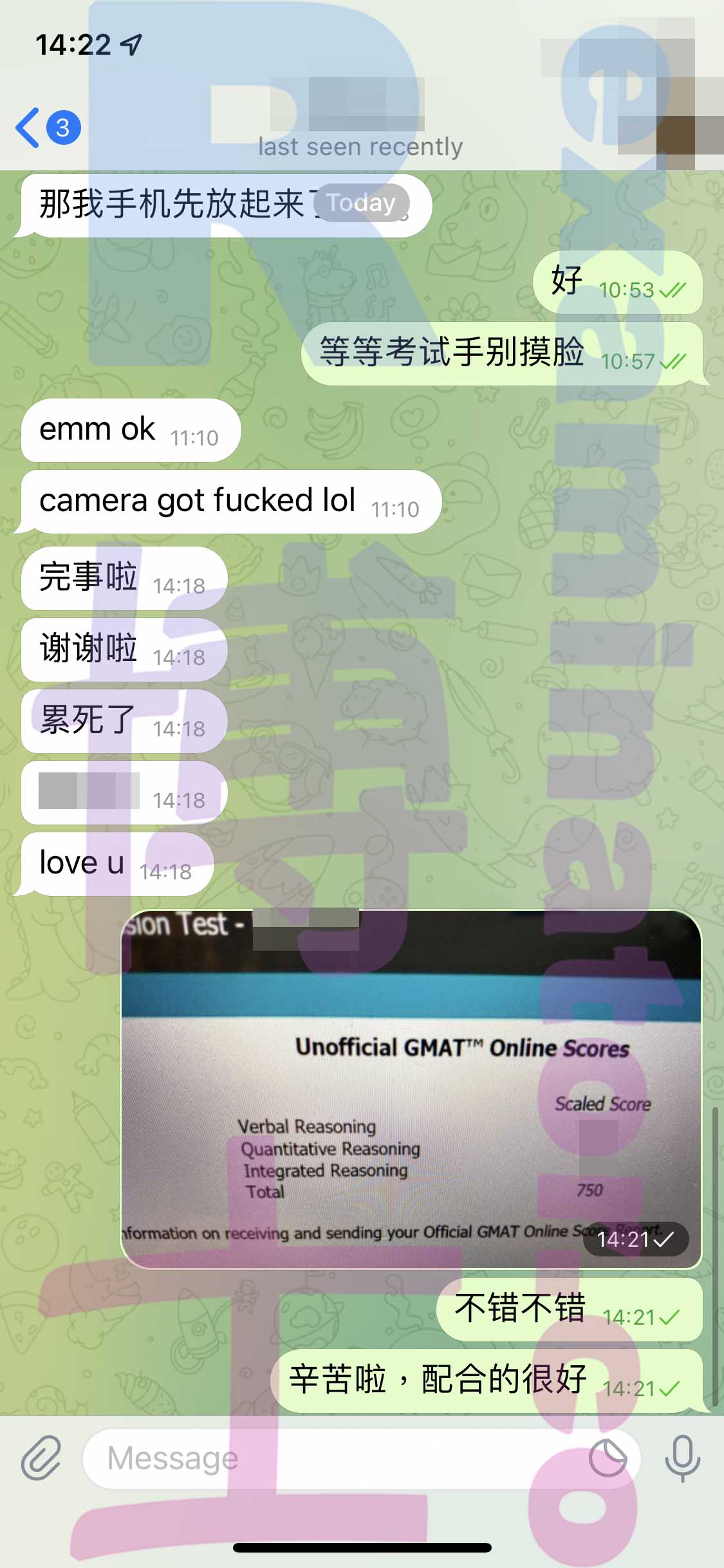 GMAT代考保分成功案例#302的与客户对话截图