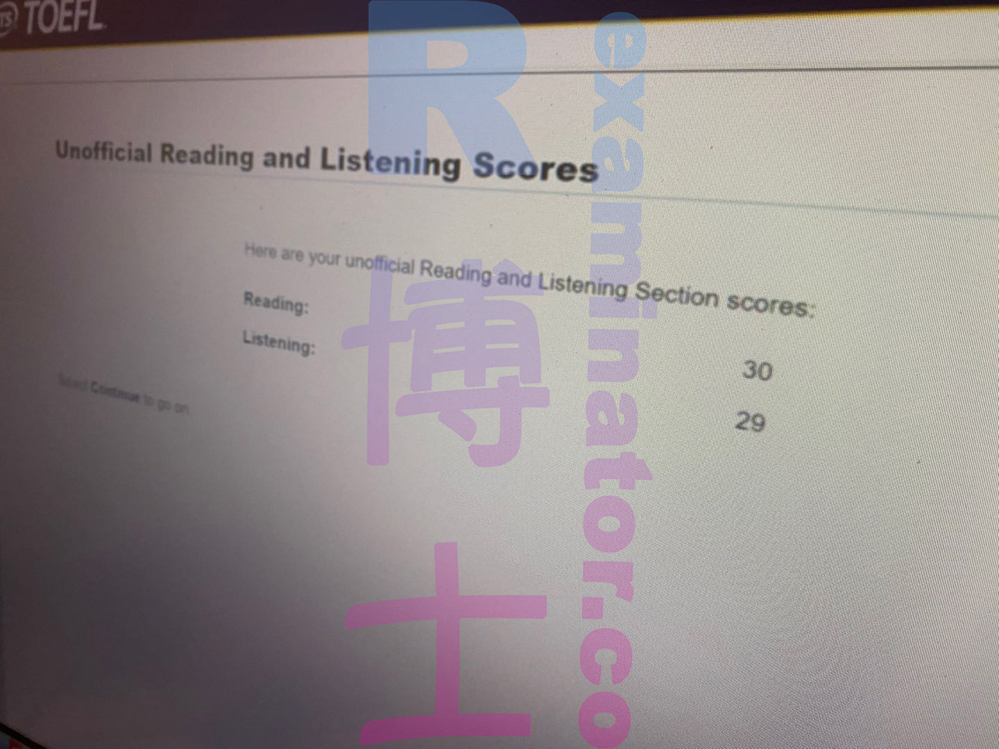 Reading and listening scores close to full marks~
