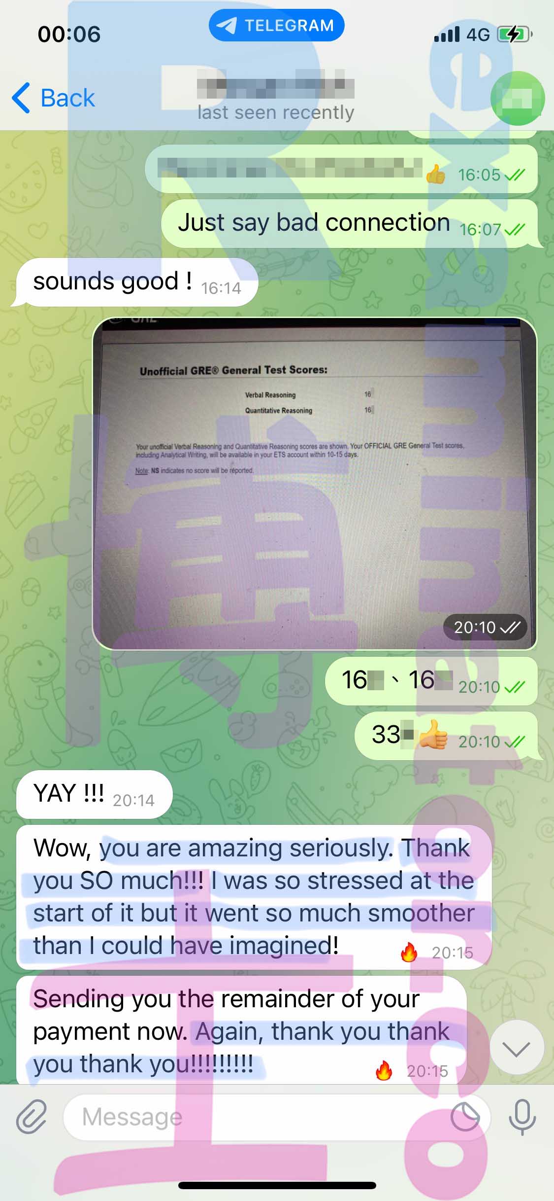 GRE代考保分成功案例#359的与客户对话截图