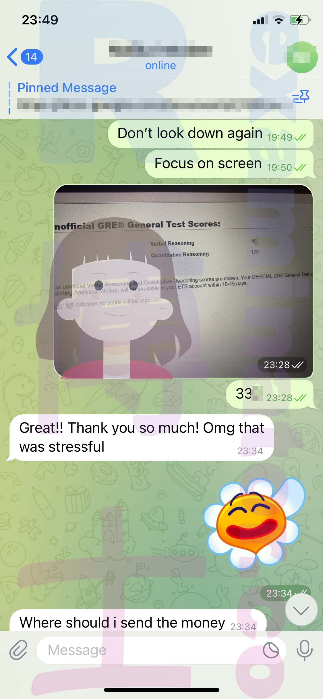 GRE代考保分成功案例#532的与客户对话截图