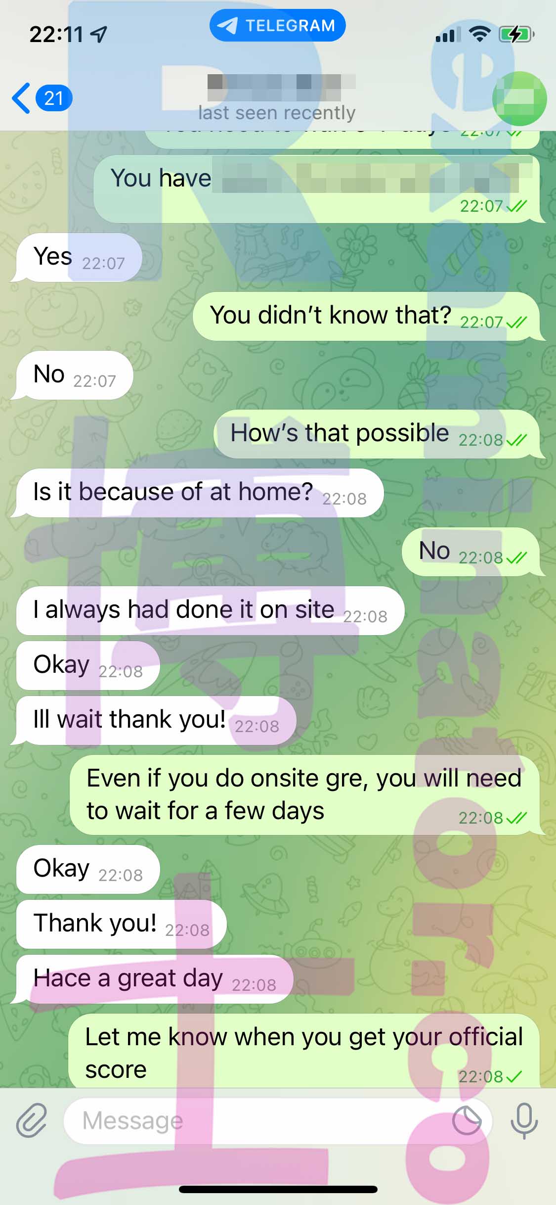 GRE代考保分成功案例#354的与客户对话截图