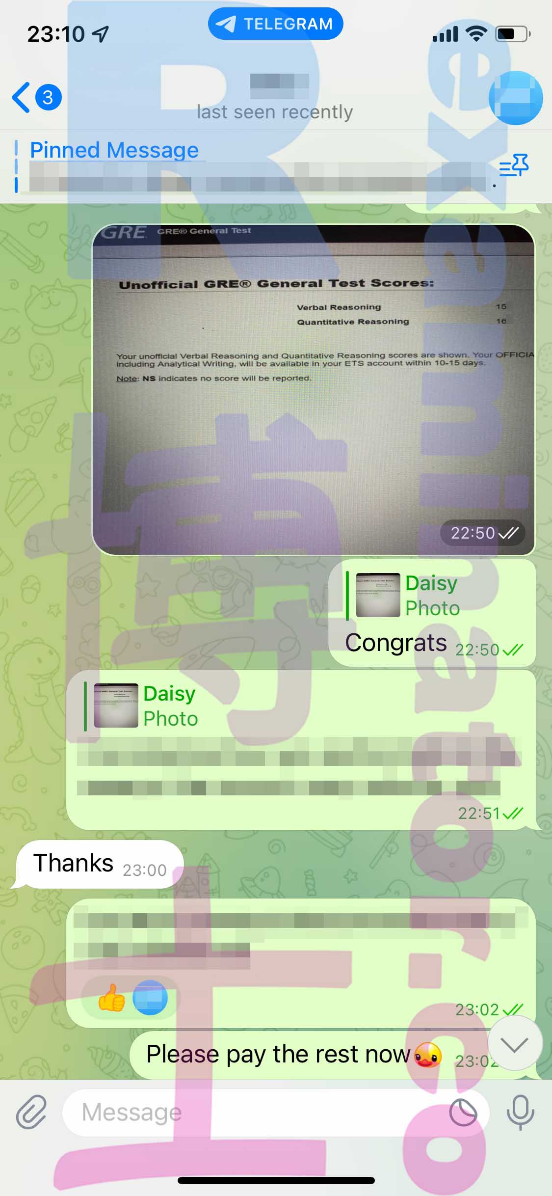GRE代考保分成功案例#416的与客户对话截图