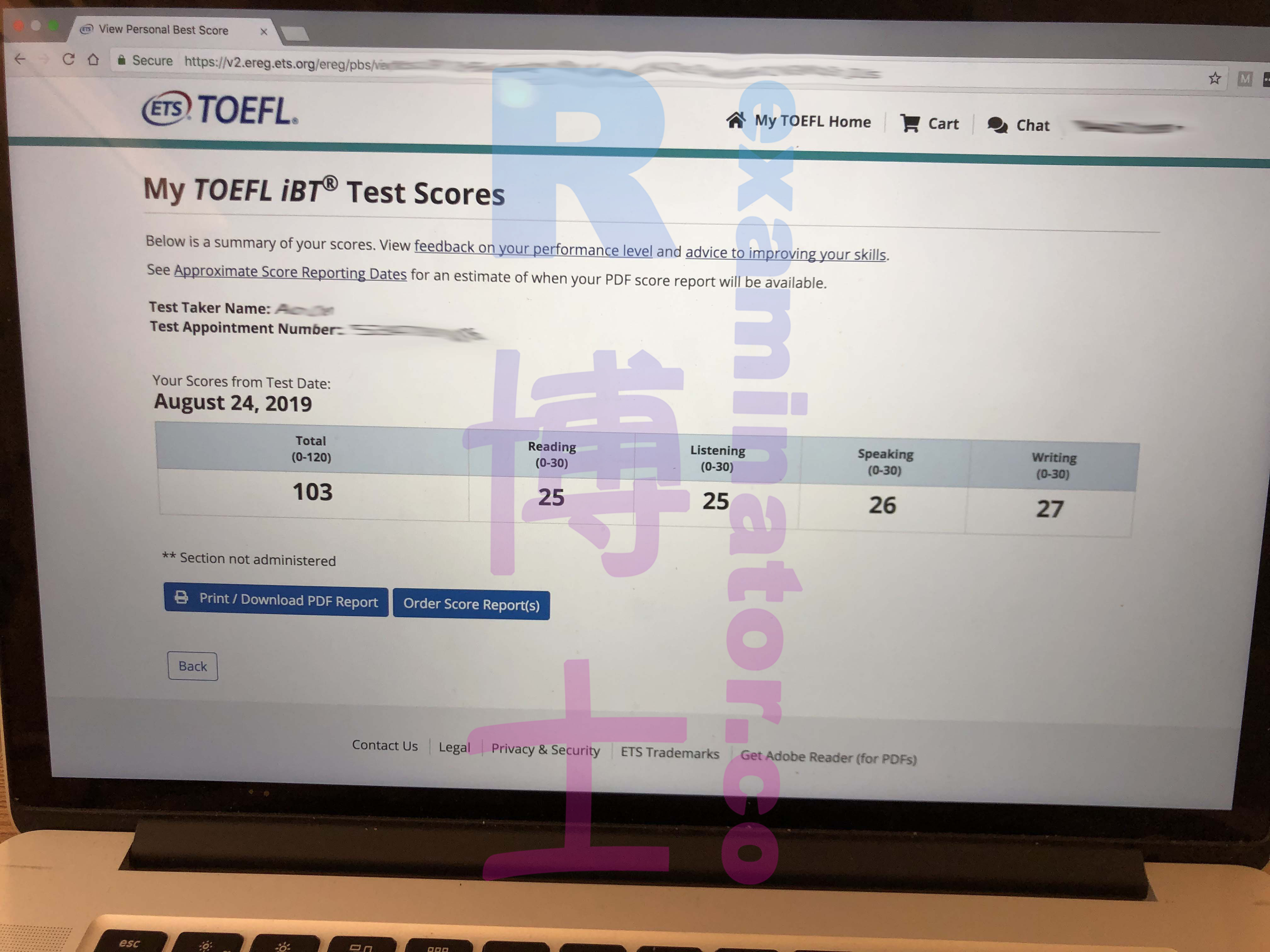 August 24, 2019 TOEFL Proxy Test Score: 103

