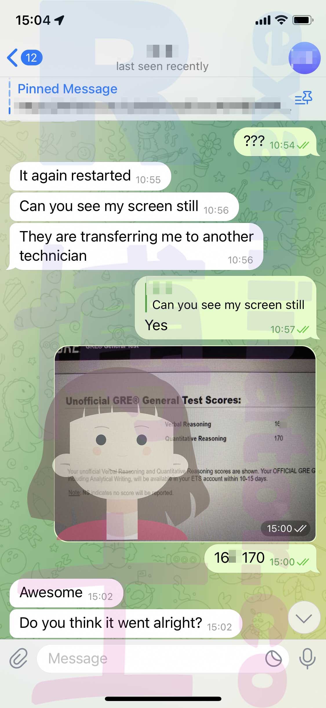 GRE代考保分成功案例#488的与客户对话截图