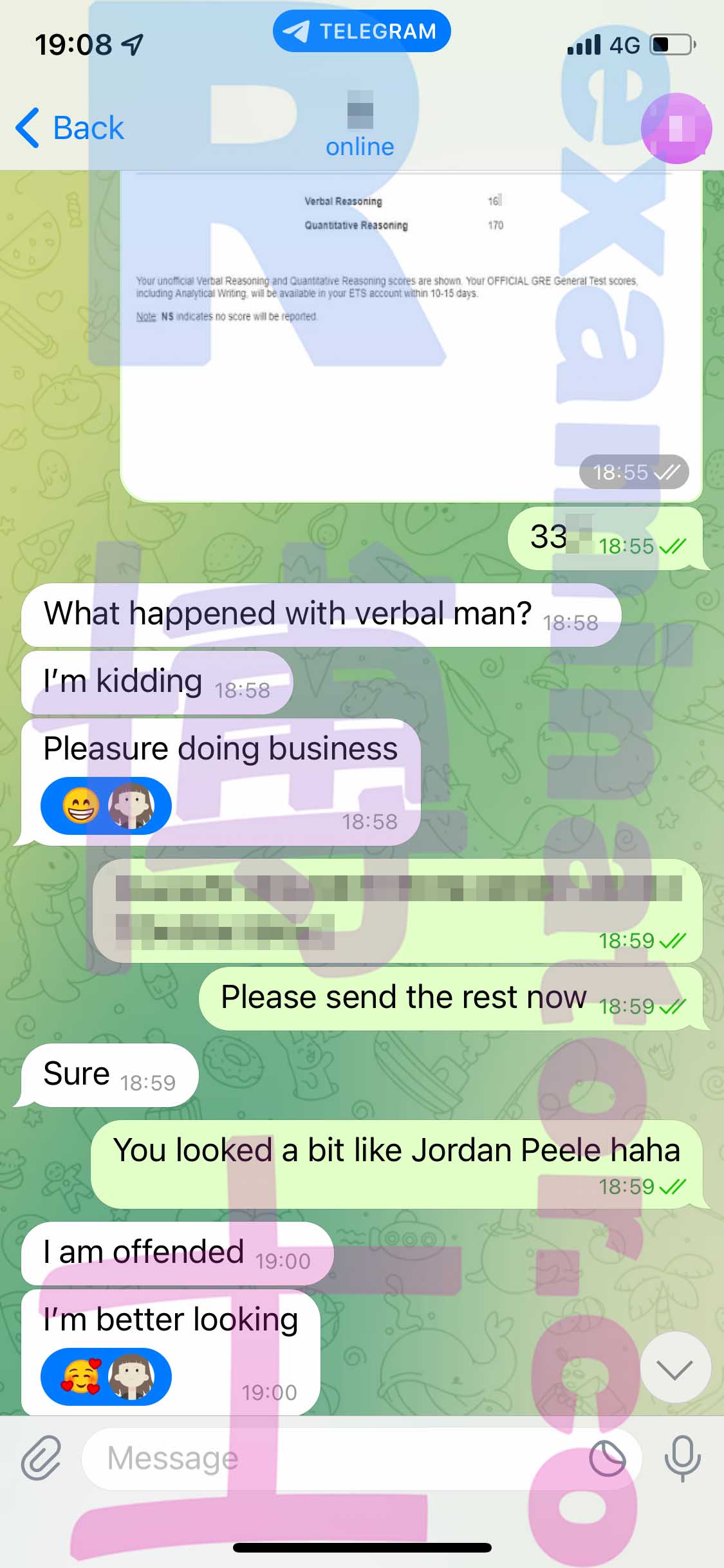 GRE代考保分成功案例#450的与客户对话截图