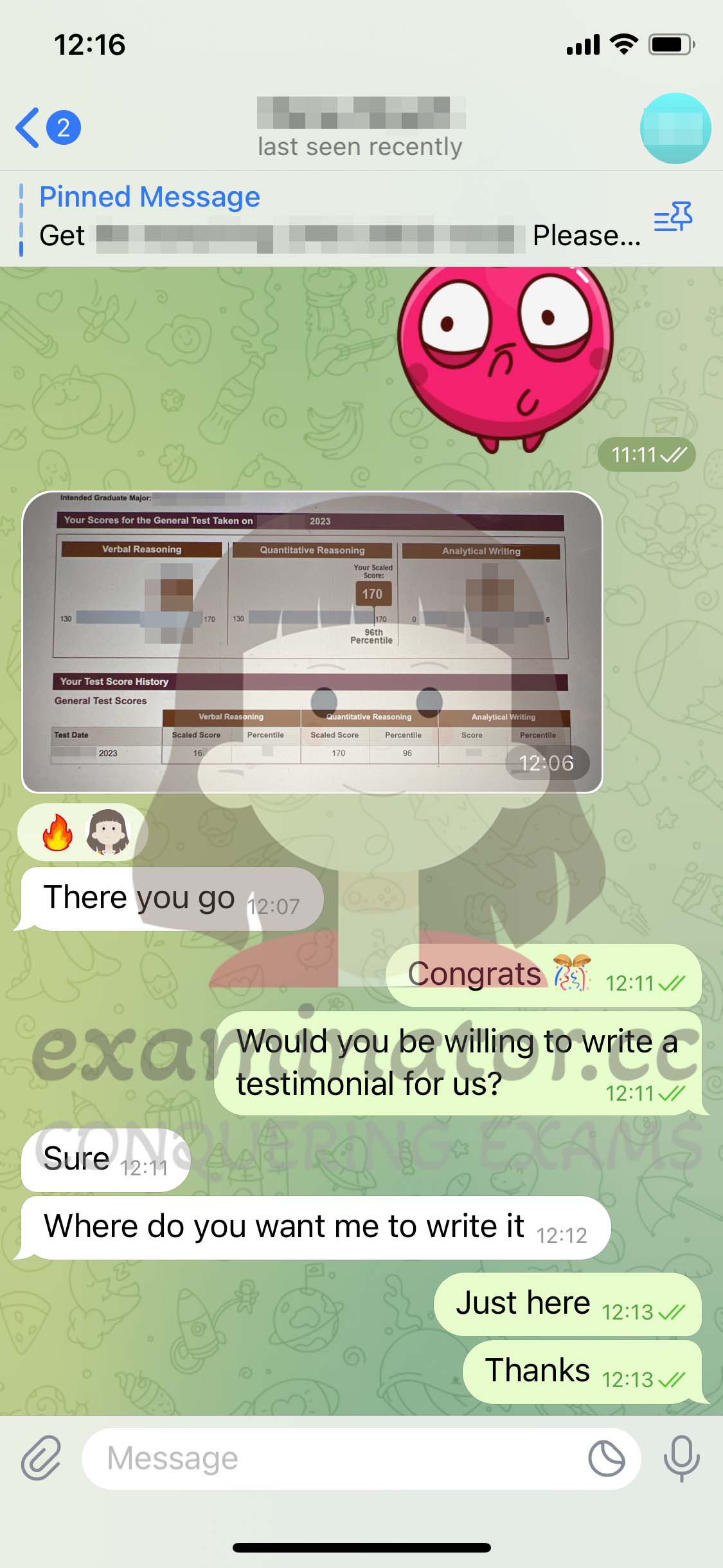 GRE代考保分成功案例#562的与客户对话截图