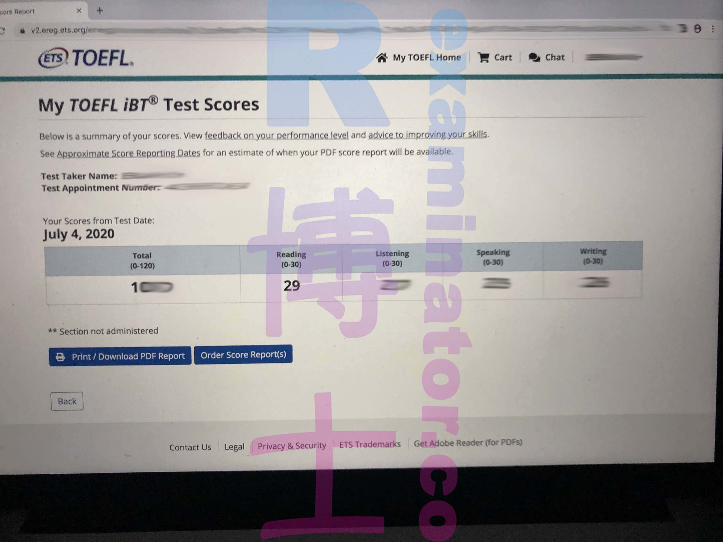 TOEFL cheating in July 2020, score in the 10X range.

