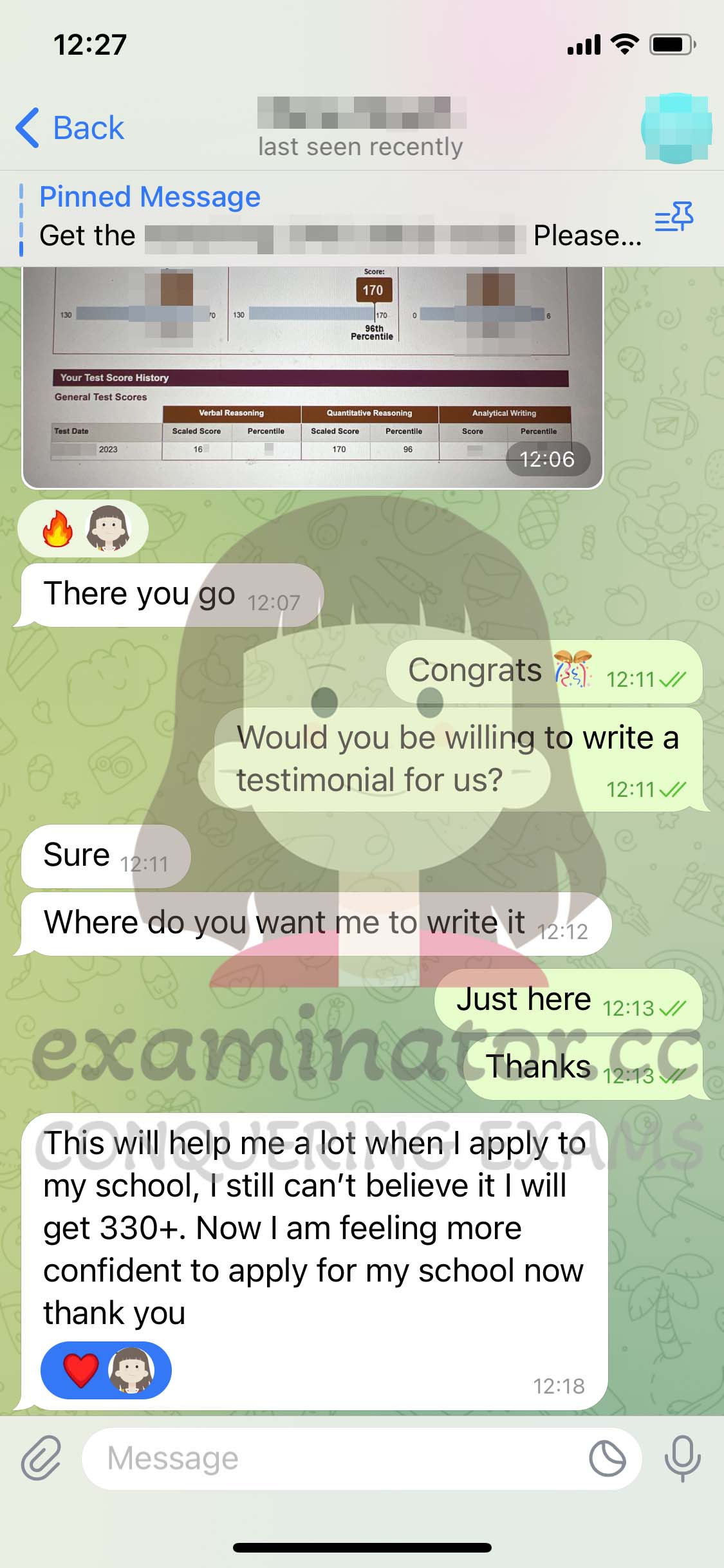 GRE代考保分成功案例#562的与客户对话截图