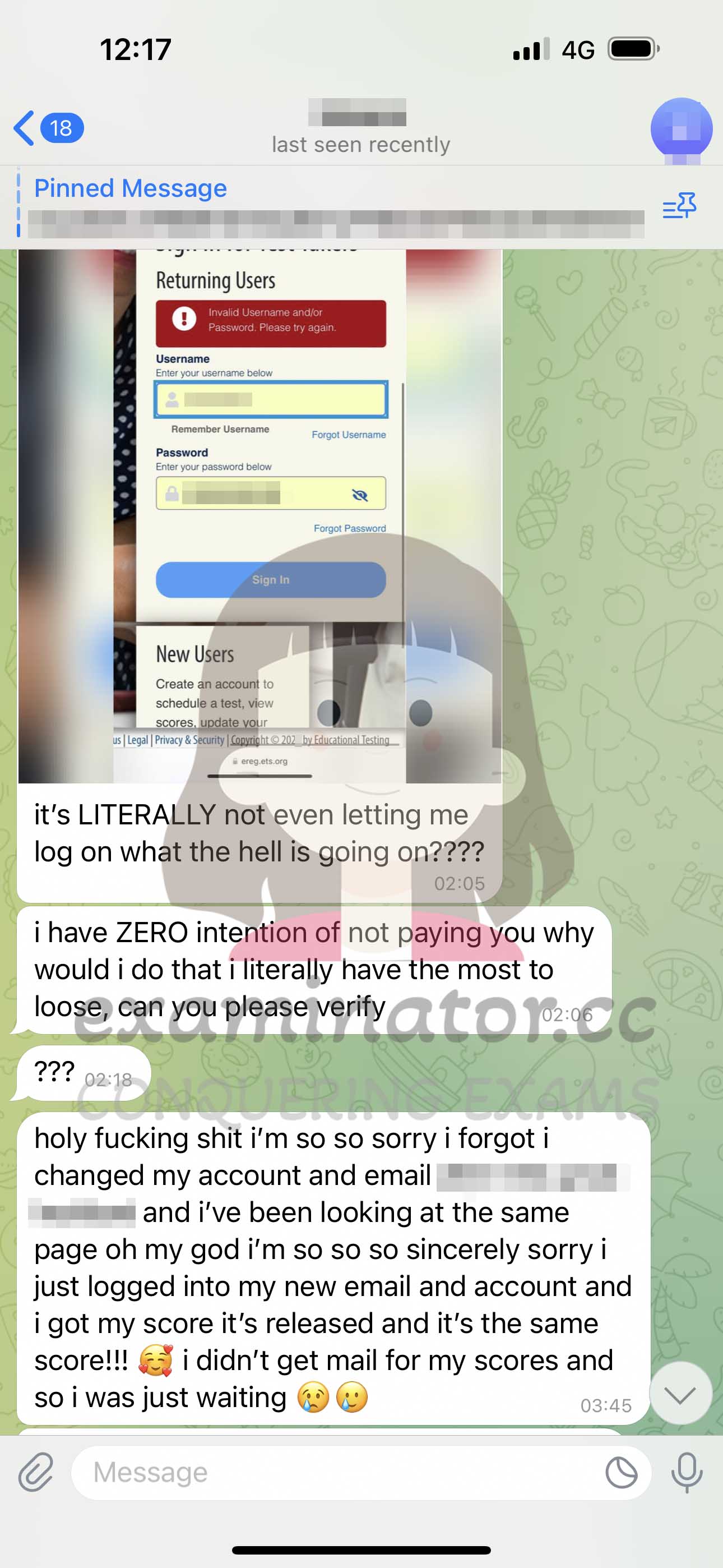 GRE代考保分成功案例#616的与客户对话截图