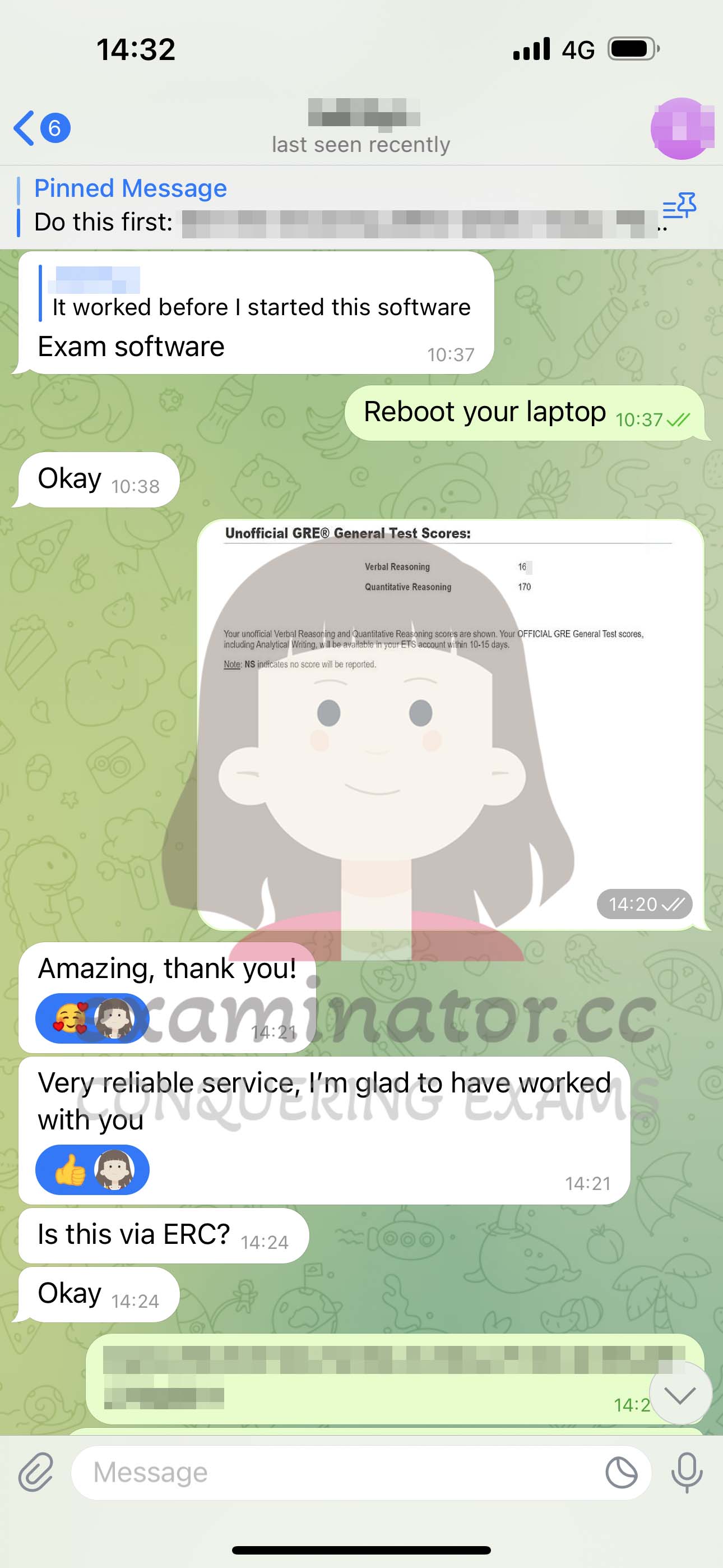 GRE代考保分成功案例#583的与客户对话截图