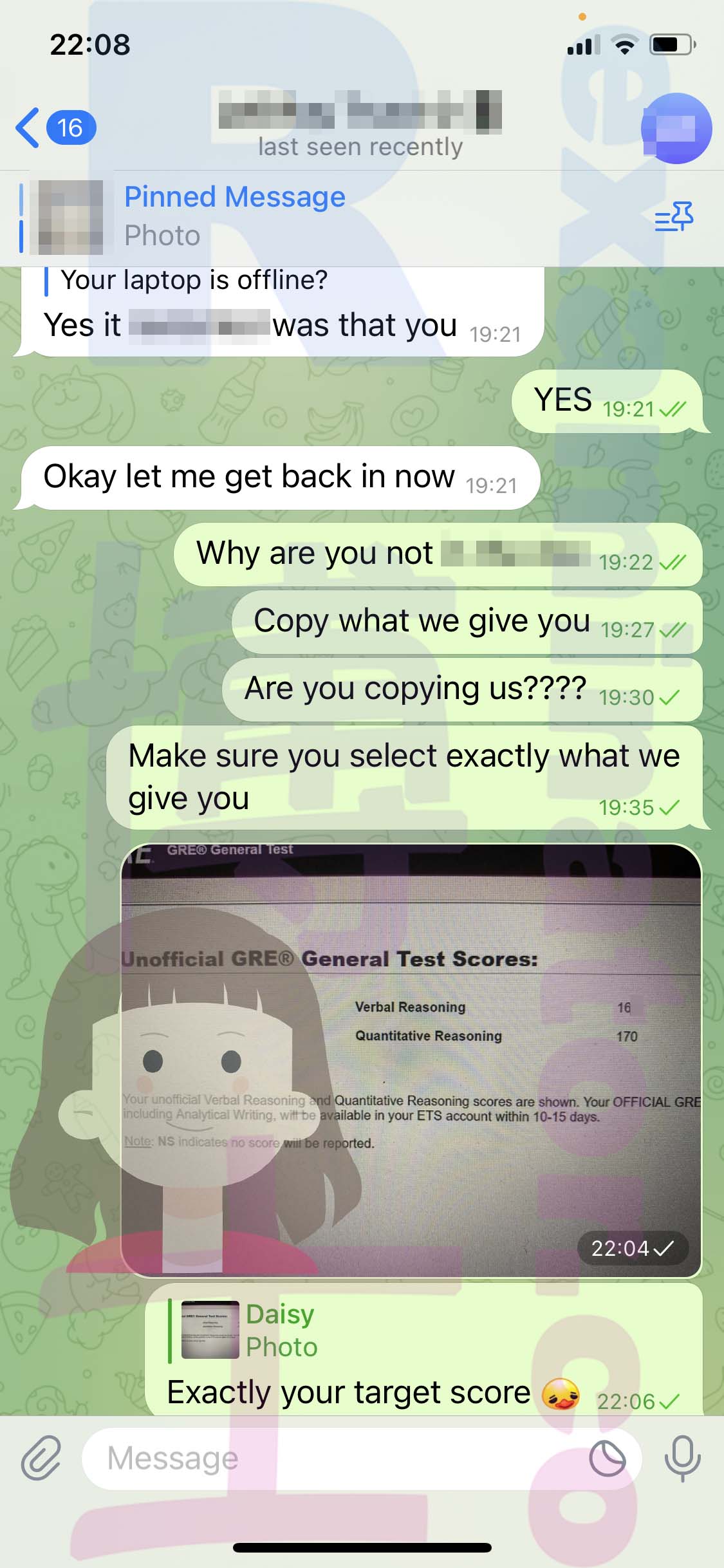 GRE代考保分成功案例#523的与客户对话截图